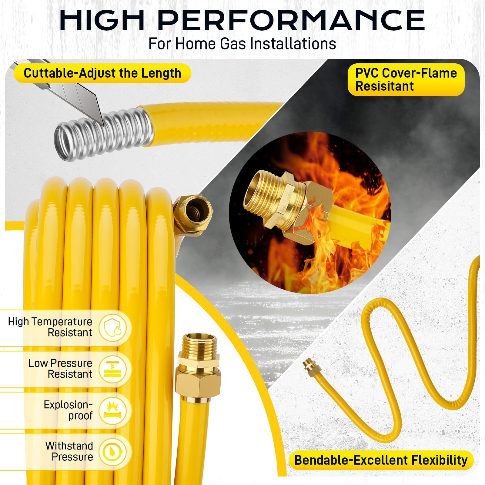 38FT 1/2″ CSST Gas Line 1/2In Natural Flexible Gas Line with 2 Male Adapter Fit