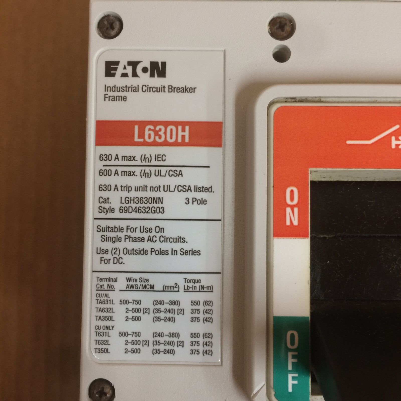 Eaton Cutler Hammer L630H LGH3630NN 600amp 3pole circuit breaker 480V 3P NICE!