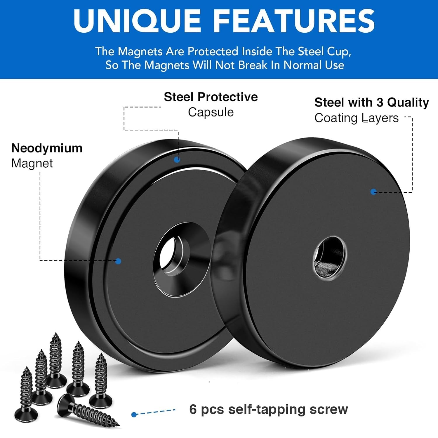 150LB Neodymium Cup Magnet with Hole Heavy Duty Screw Mount Tool Holder 6 Pack