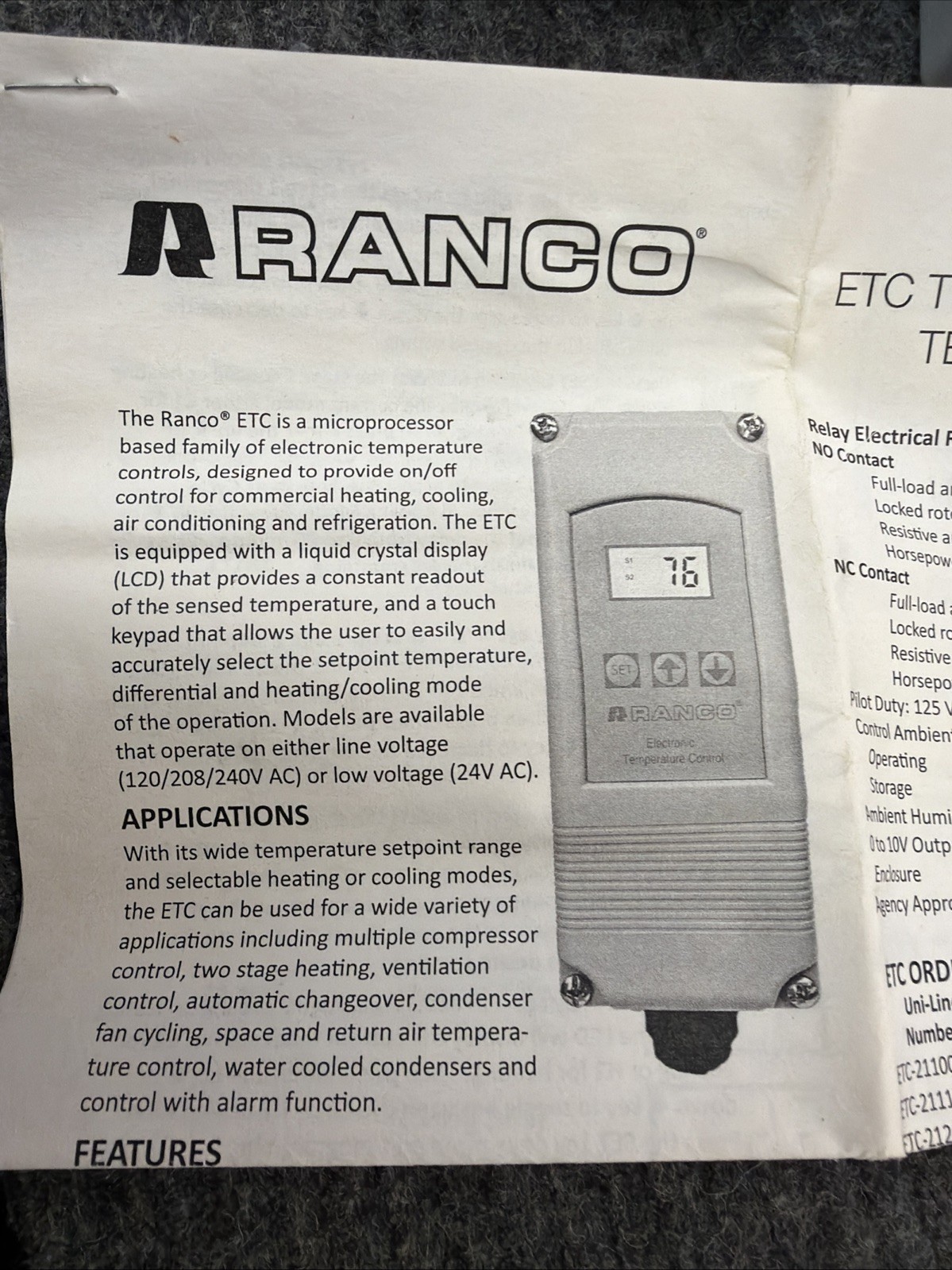 Ranco Etc-211000-000 Electronic Temperature Control Open/Close On Rise 120v