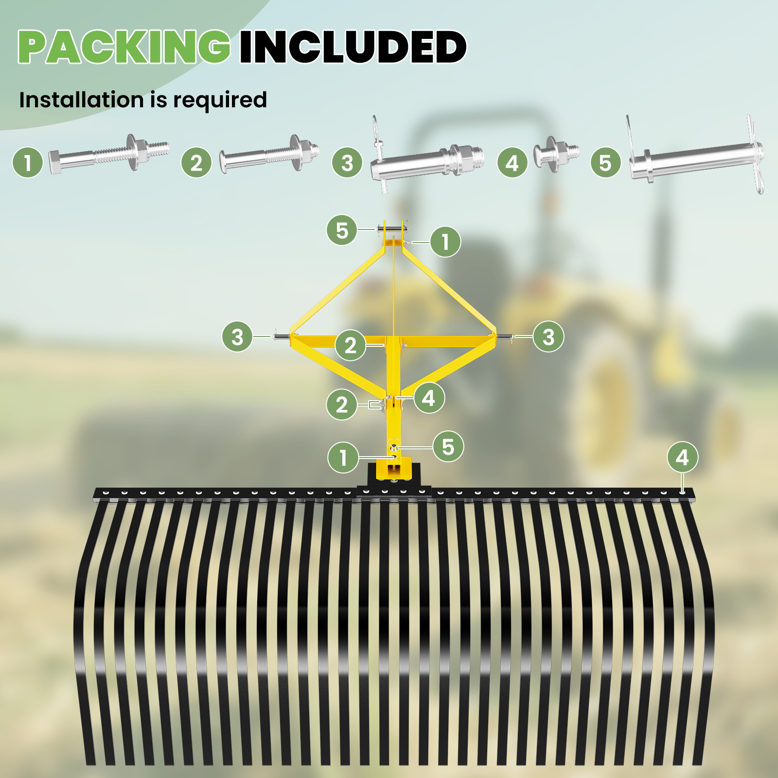 60″ Landscape Rock Rake 3 Point Cat 1 Tractor Attachment Soil Gravel Lawn Heavy
