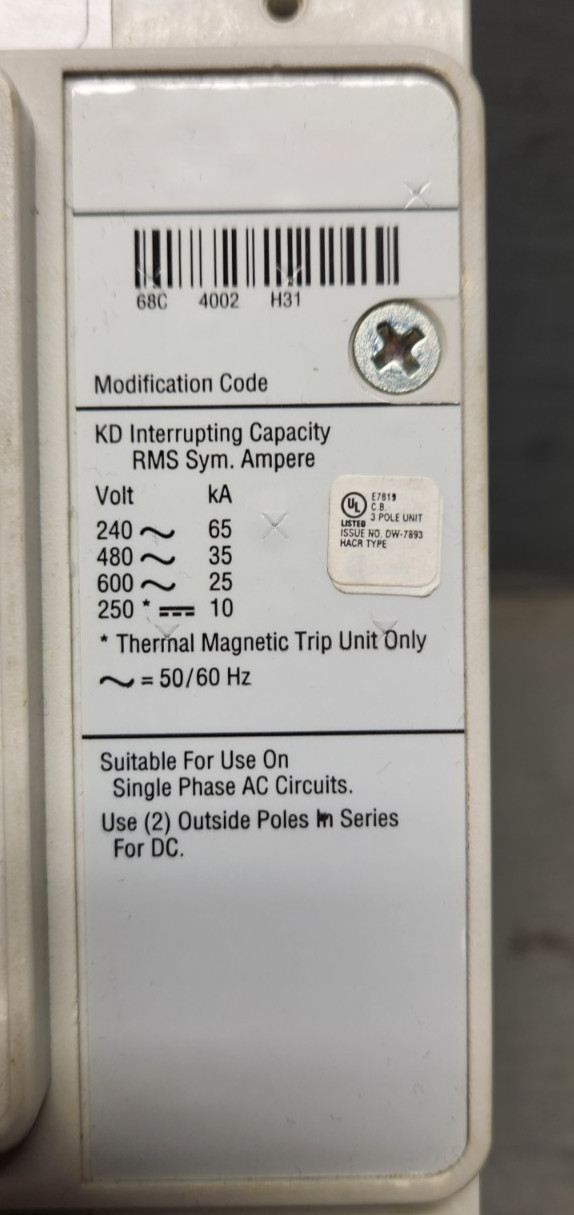 Eaton KD3400F 400A 600V 3 Pole Circuit Breaker with KT3400T 400A Trip Unit