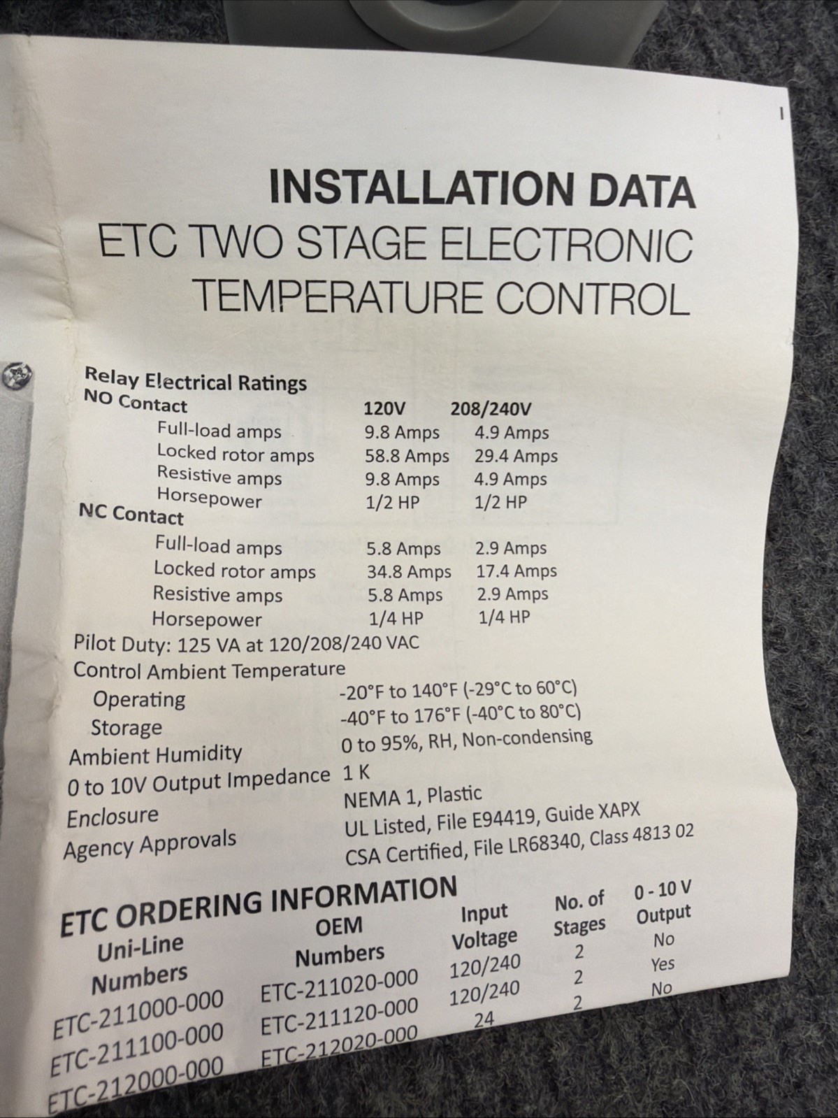 Ranco Etc-211000-000 Electronic Temperature Control Open/Close On Rise 120v