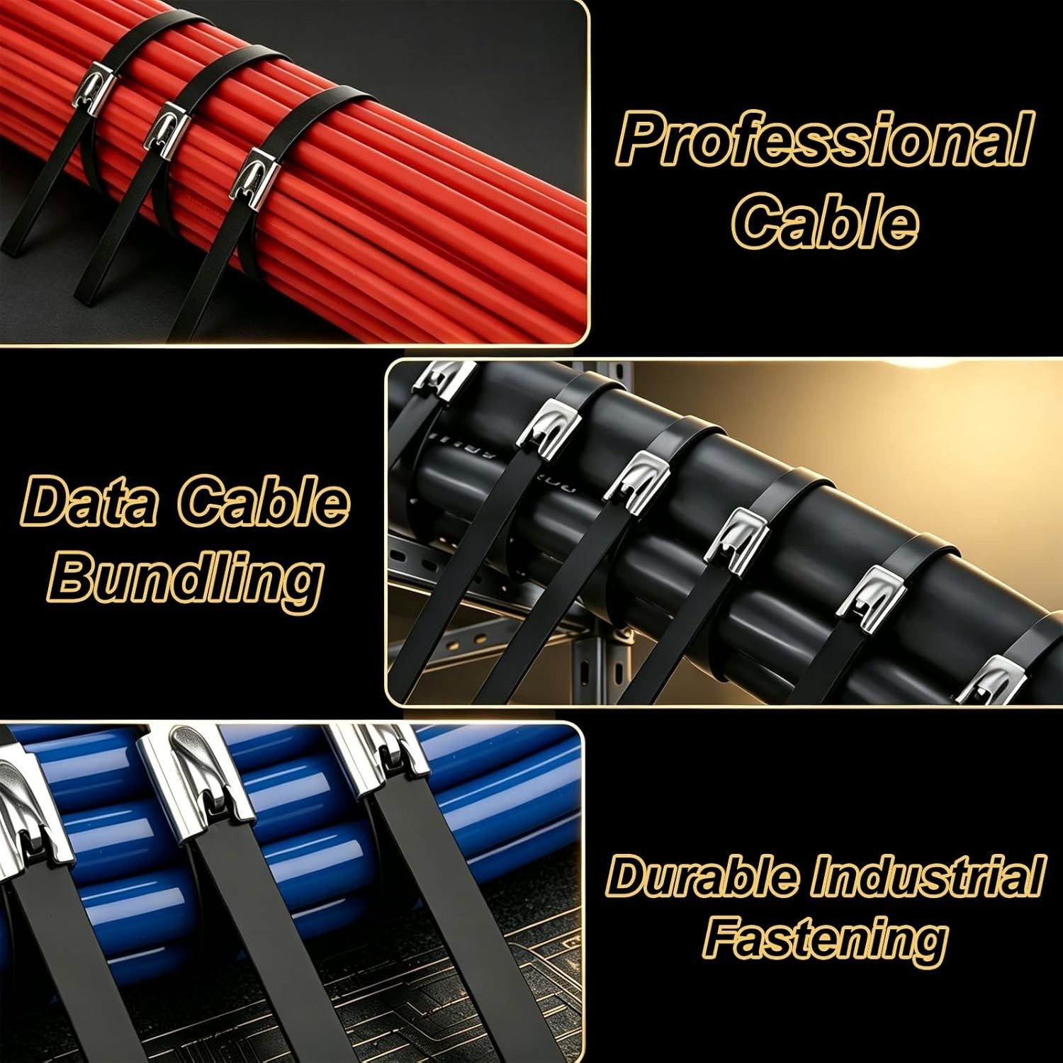 300 PCS 11.8 Inch Black Galvanized Steel Cable Ties Kit with Cable Tie Gun, Scre