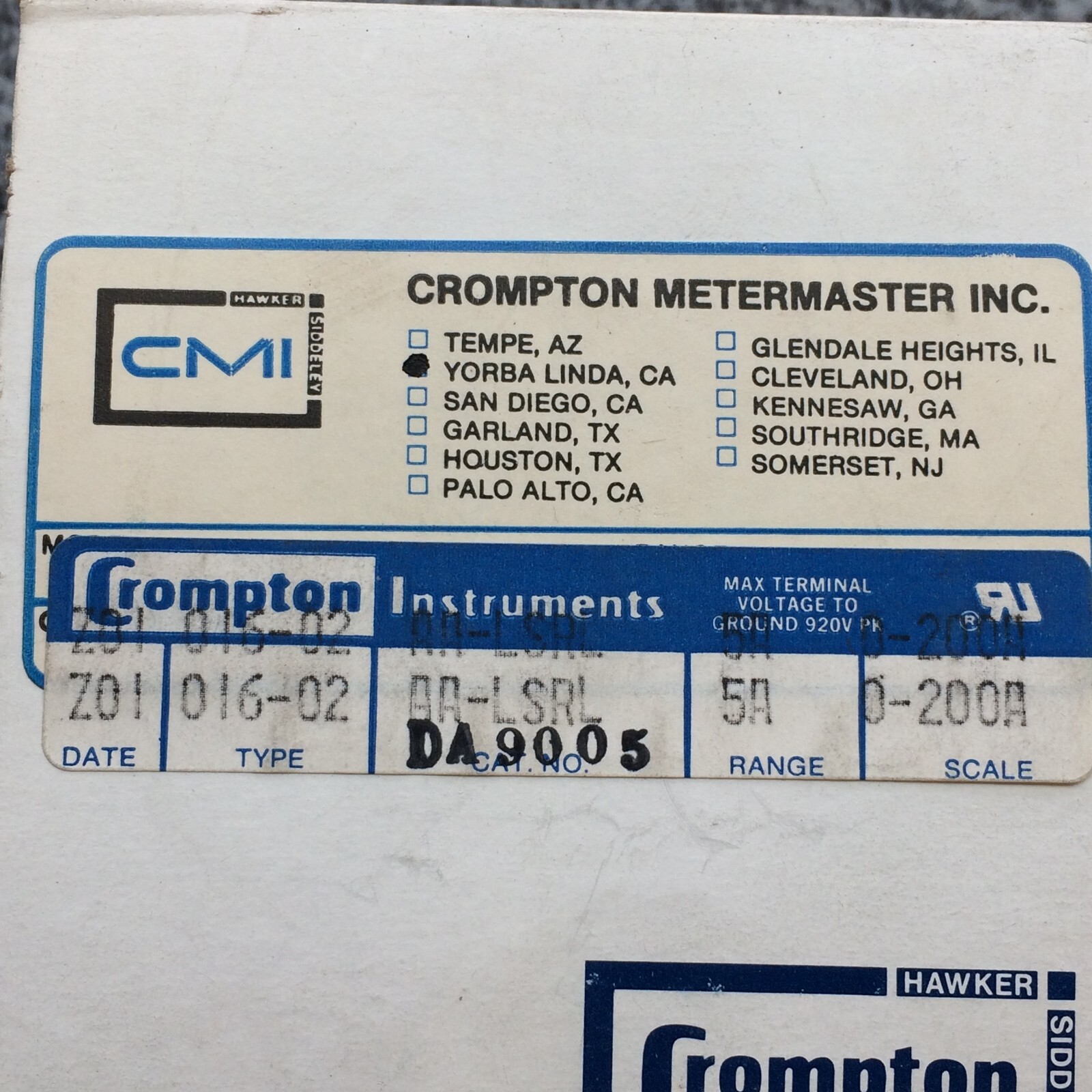 Crompton 016-02AA-LSRL-5A Panel Meter 0-200 AC Amps NOS