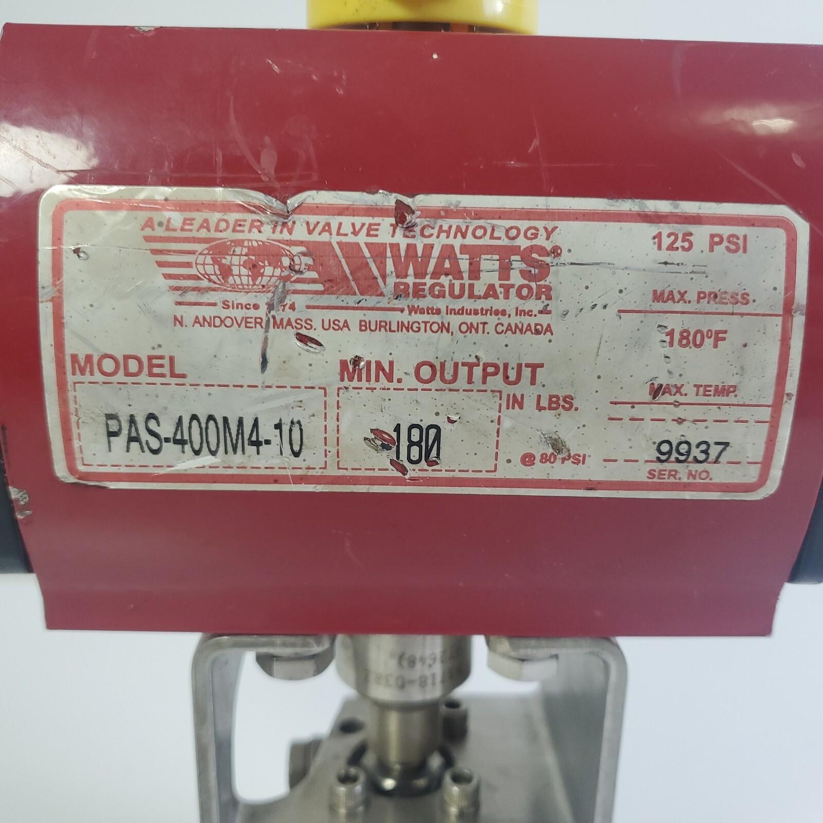 Watts Regulator Pneumatic Valve Actuator PAS-400M4-10 180 In Lbs Output 125 PSI