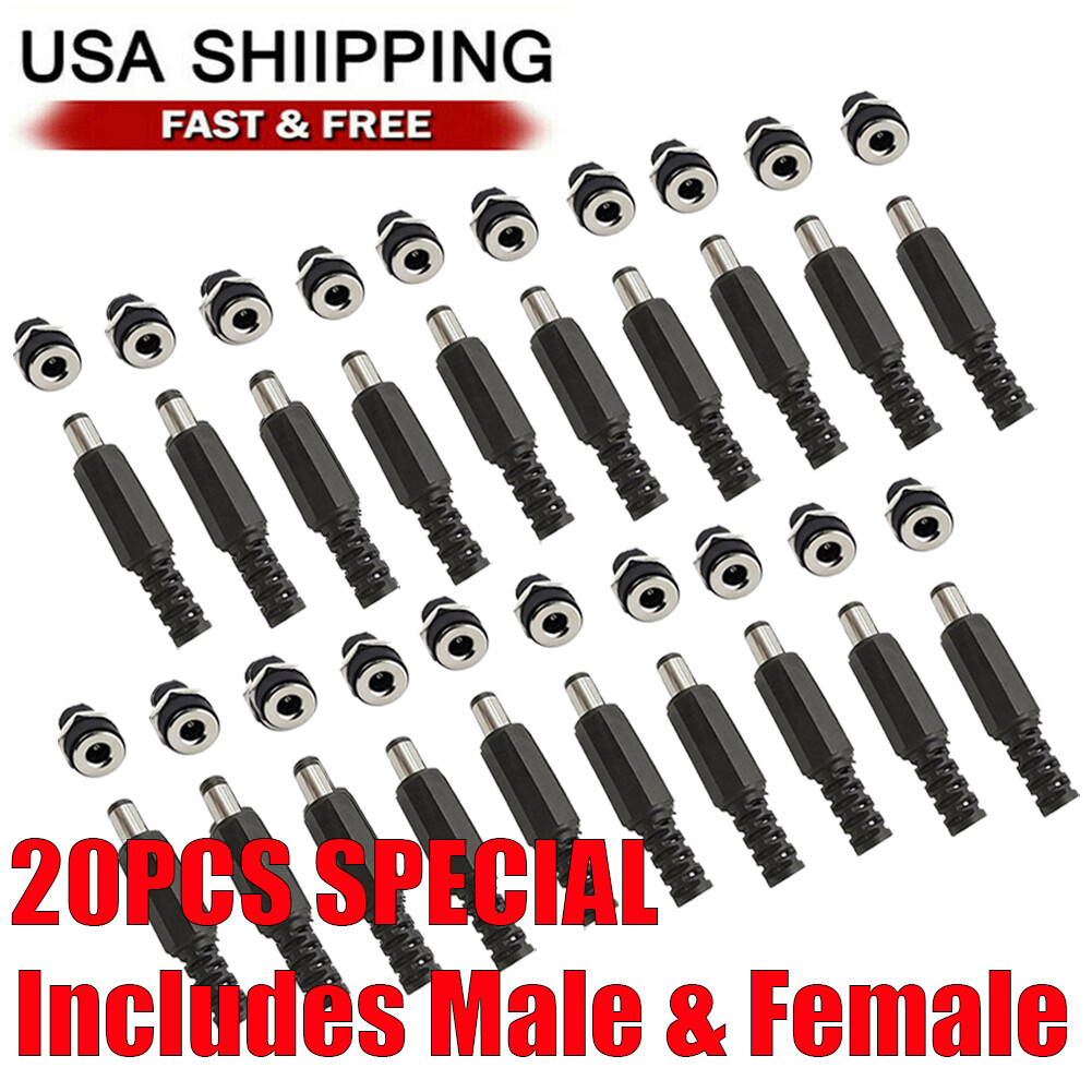 20 PC MALE BARREL JACK PLUG FEMALE SOCKET PANEL MOUNT DC 12V POWER CONNECTORS