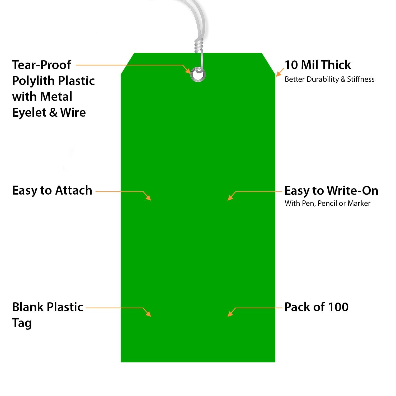 Green Plastic Tags With Wires 6.25×3.125 Inch Metal Eyelet TearProof 100 PCS