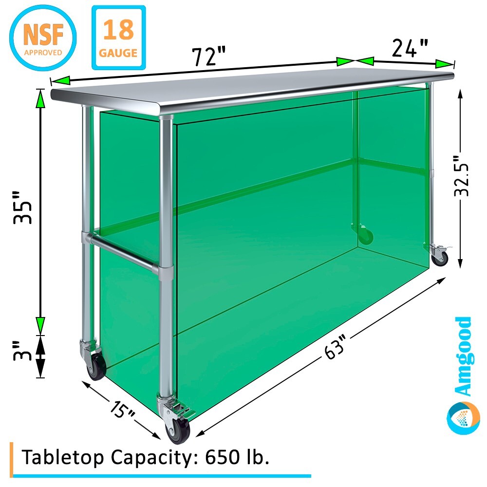 24 in. x 72 in. Stainless Steel Work Table Open Base & Wheels | Mobile Table