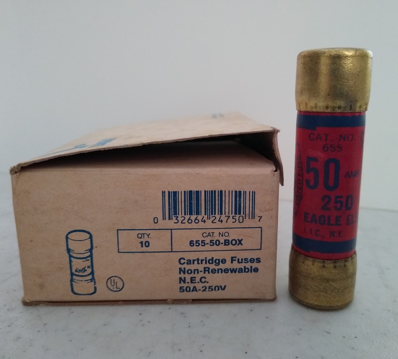 EAGLE ELECTRIC No. 655 50 AMP NON-RENEWABLE CARTRIDGE FUSES, 250V, 10-PACK, NOS