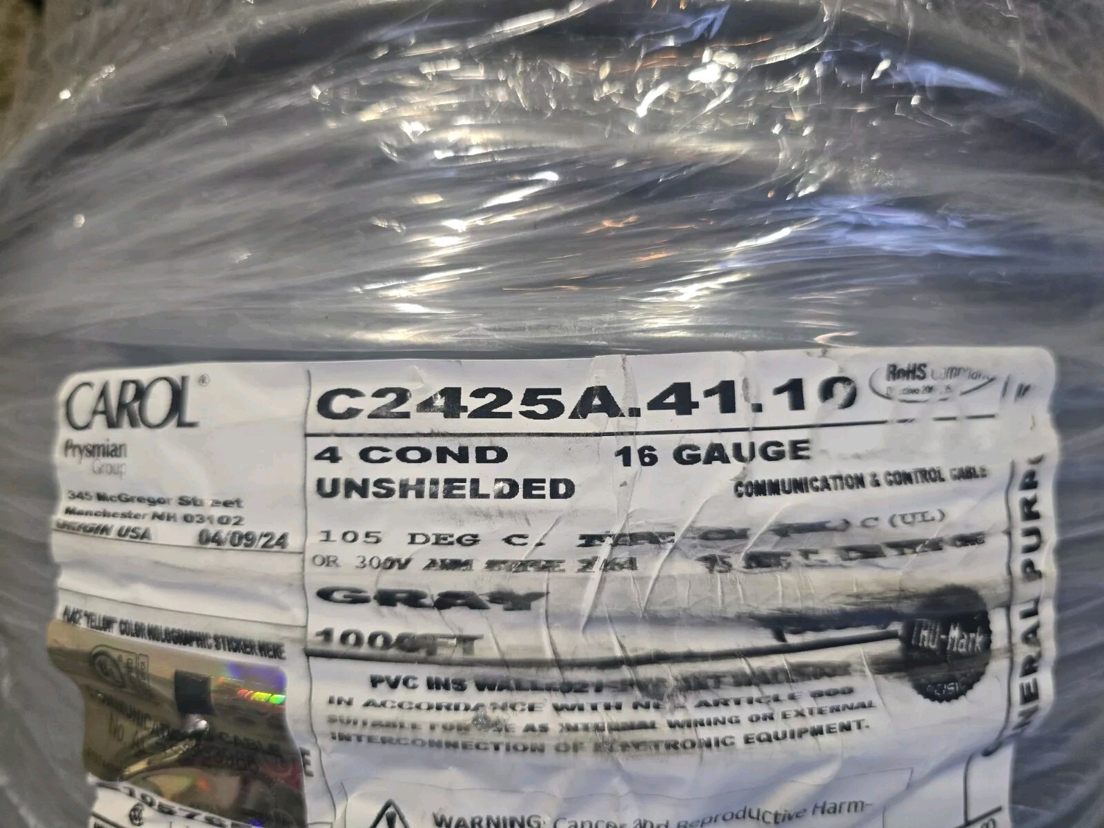 50ft Carol 16Awg 4C General Purpose C2425A.41.10 Gray Unshielded