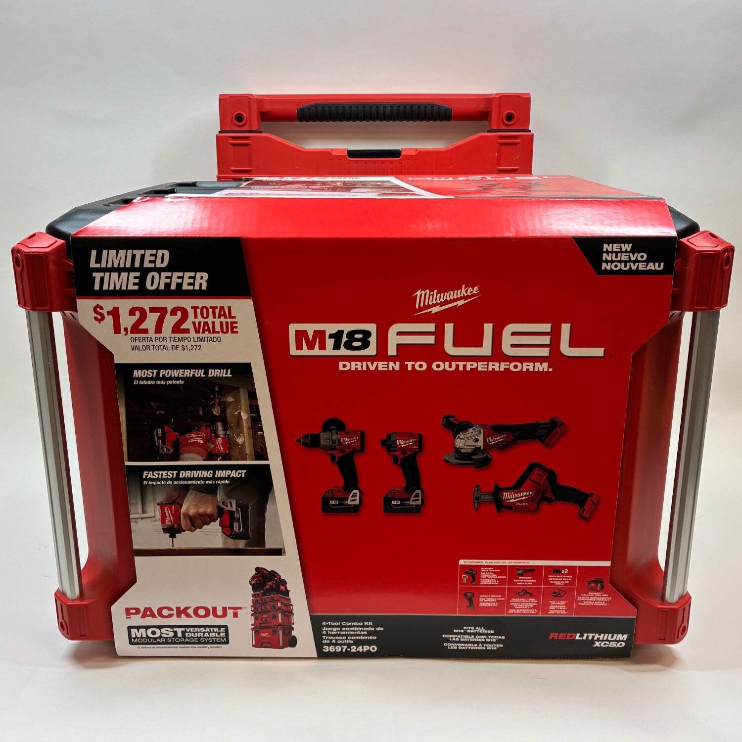 New Milwaukee 3697-24P0 M18 18V 4-Tool Combo Kit Packout Rolling Tool Box