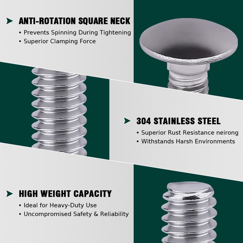 4 Sets 1/213×31/2 Inch Carriage Bolt Kit 304 Stainless Steel Hex Nut