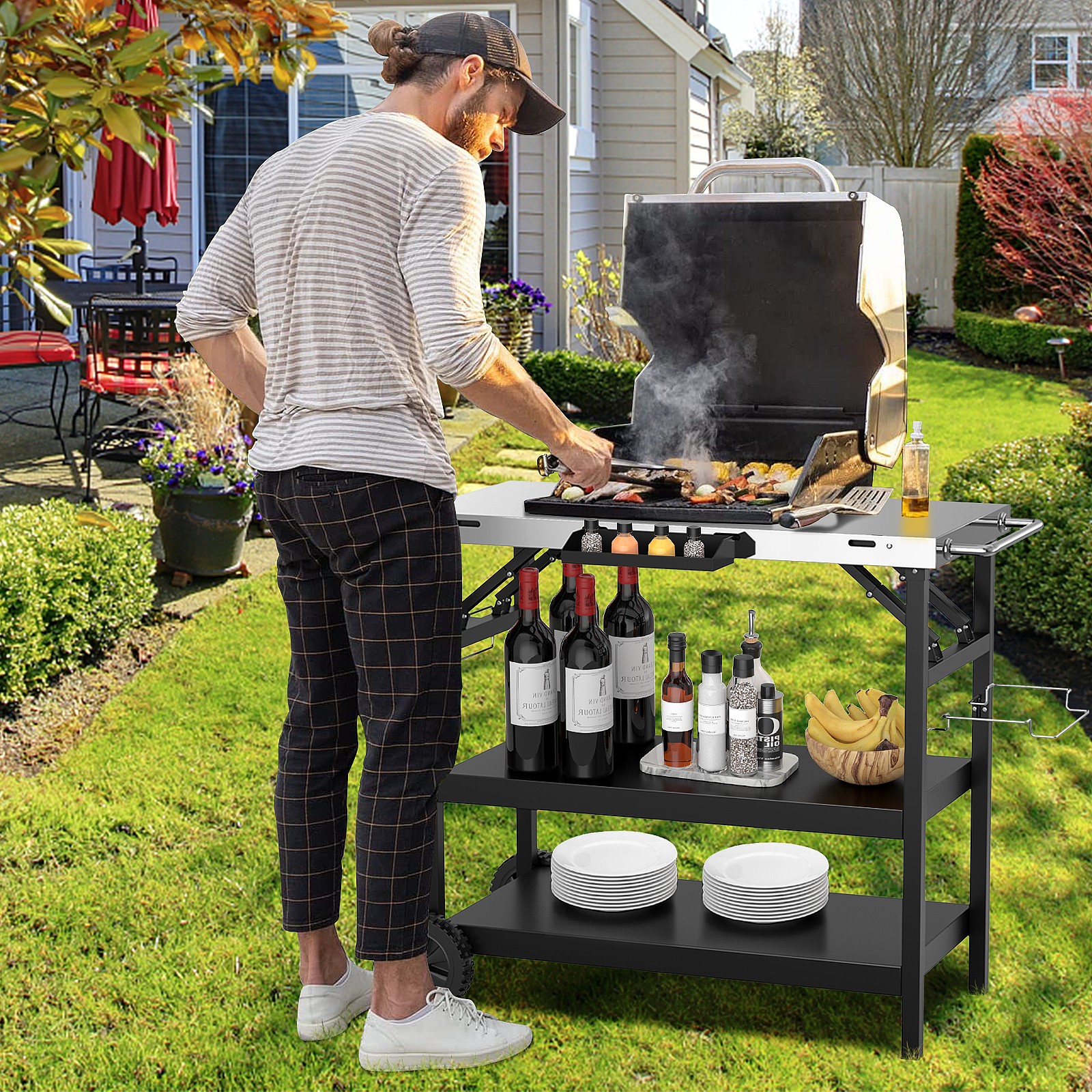 Costway 3-Shelf Movable Grill Cart Table Multifunctional Stainless Steel