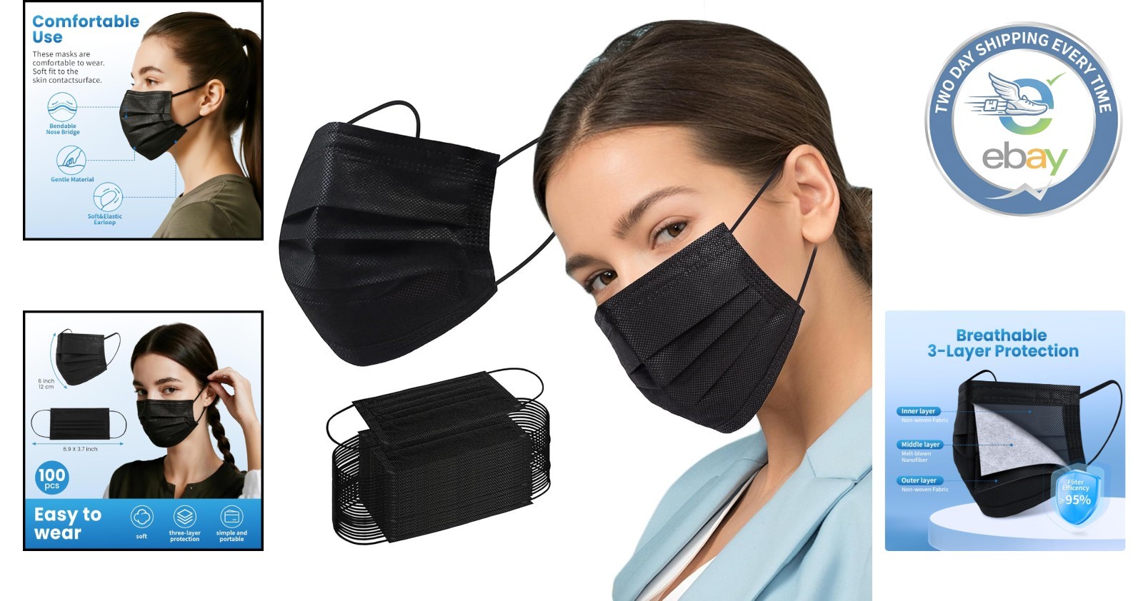 Comfortable 100 PCS Black Disposable Face Masks with Nose Wire – 3 Ply Safety
