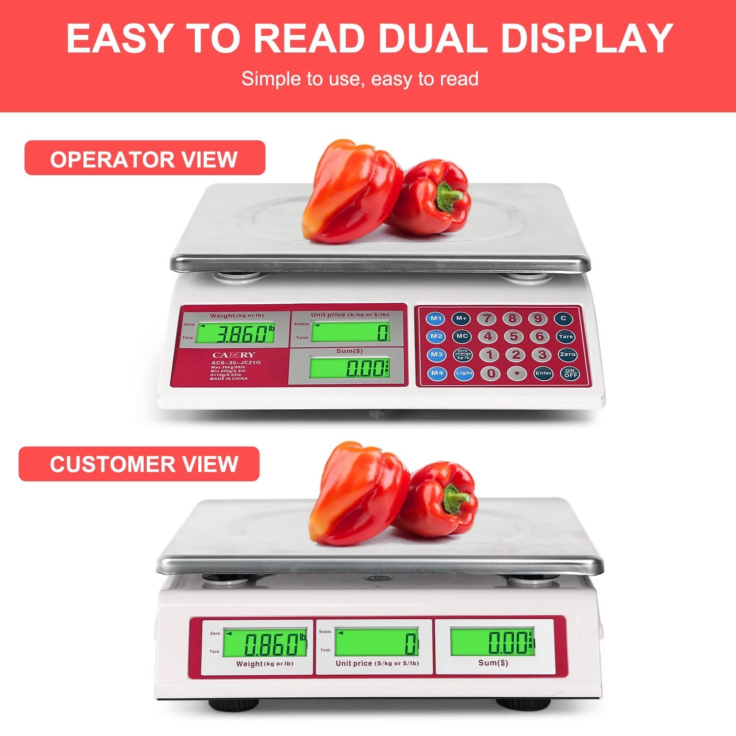 CAMRY Digital Price Computing Scale 66lb/30kg Commercial Produce Scale with S…