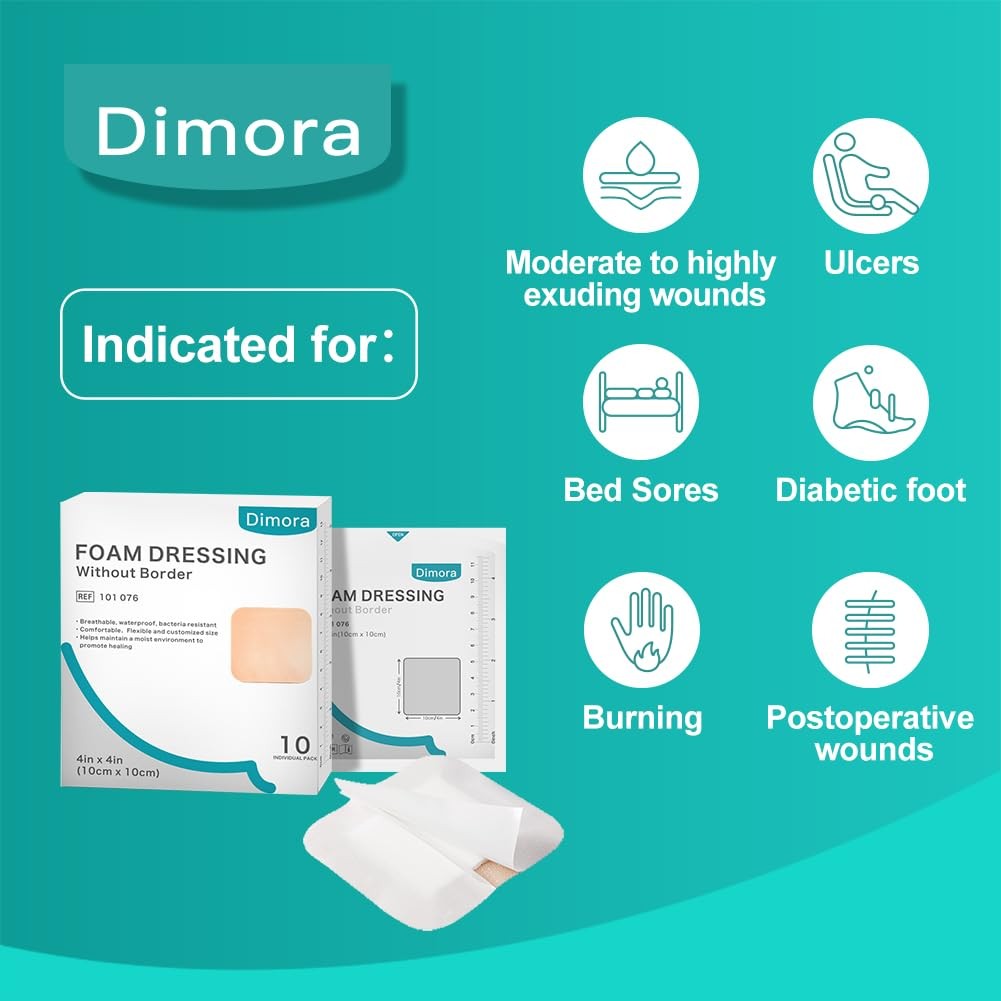 Dimora Foam Dressing, Sterile Non-Adhesive Hydrophilic 4×4 Inch (Pack of 10)