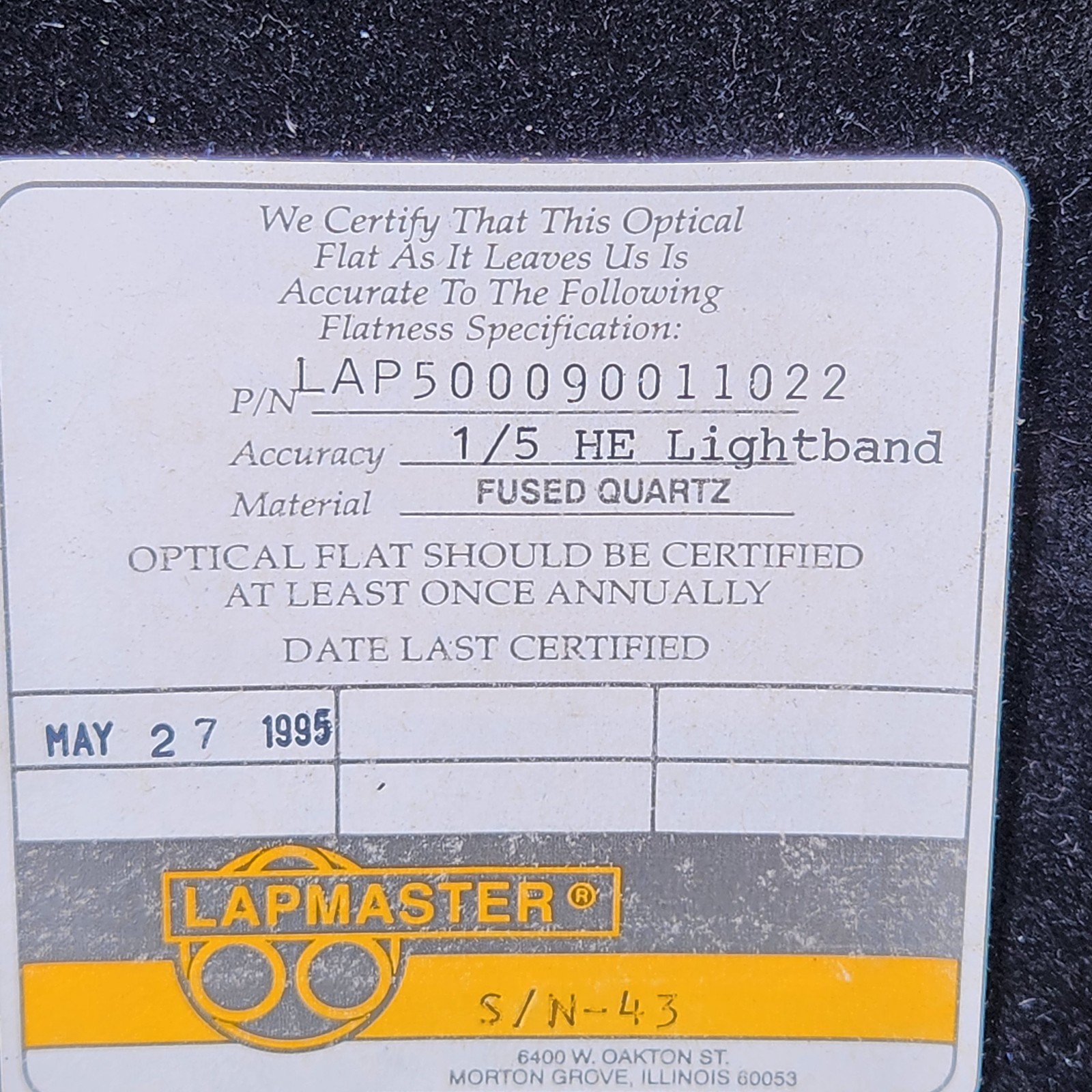 Lapmaster Fused Quartz Optical Flat: 10″ Dual Sided Surface SN43