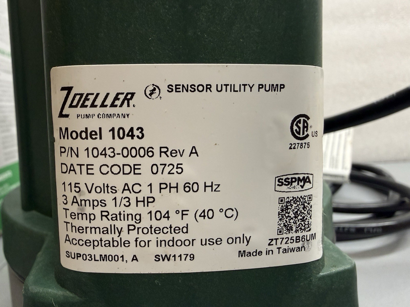 Zoeller 1043 Automatic Utility Pump 1/3 HP 40 GPM 115V Open Box New