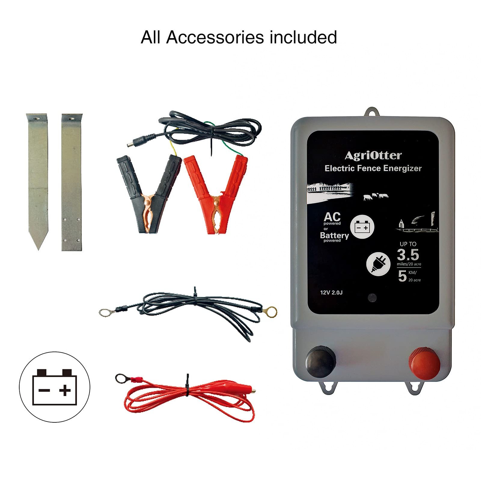 AgriOtter Electric Fence Energizer 20 Acre 2 in 1 Powered by Battery or AC Ou…