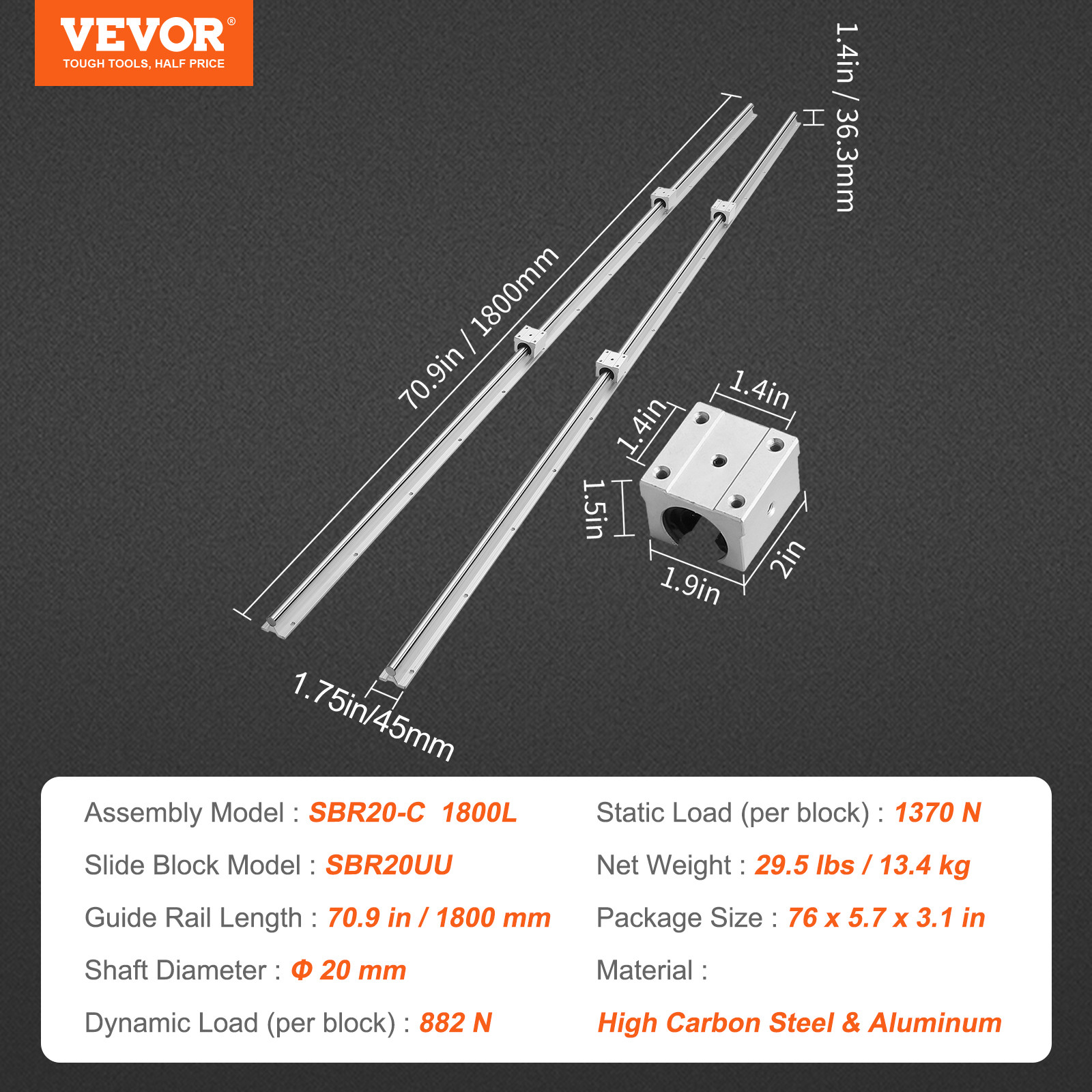 VEVOR 2PCS SBR20 1800mm Linear Guide Rail Slide Rail 4 PCS SBR20UU Bearing Block