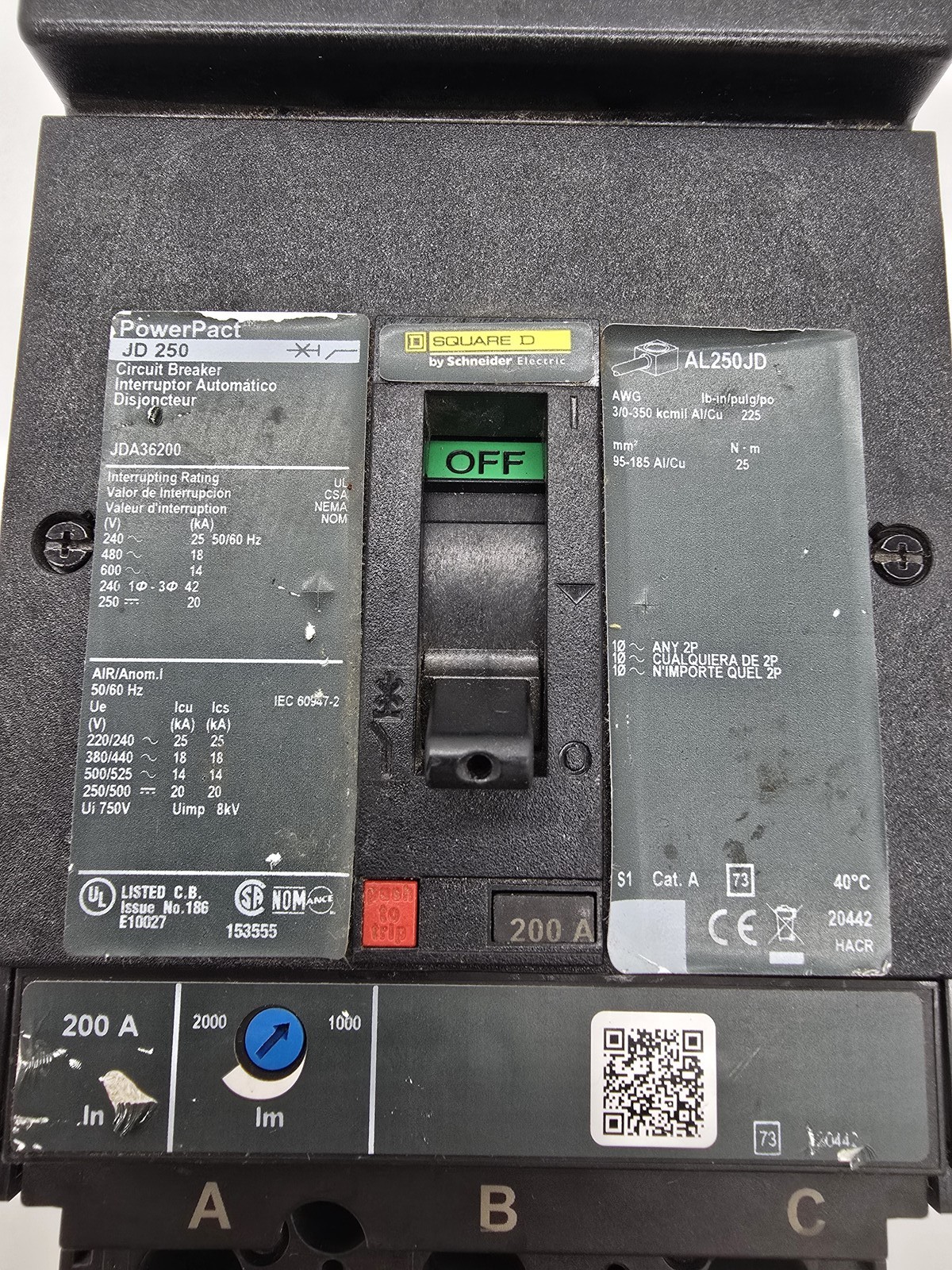 Square D JDA36175 PowerPact I-Line Circuit Breaker 175A 3P 600V 14KA 3PH JD250