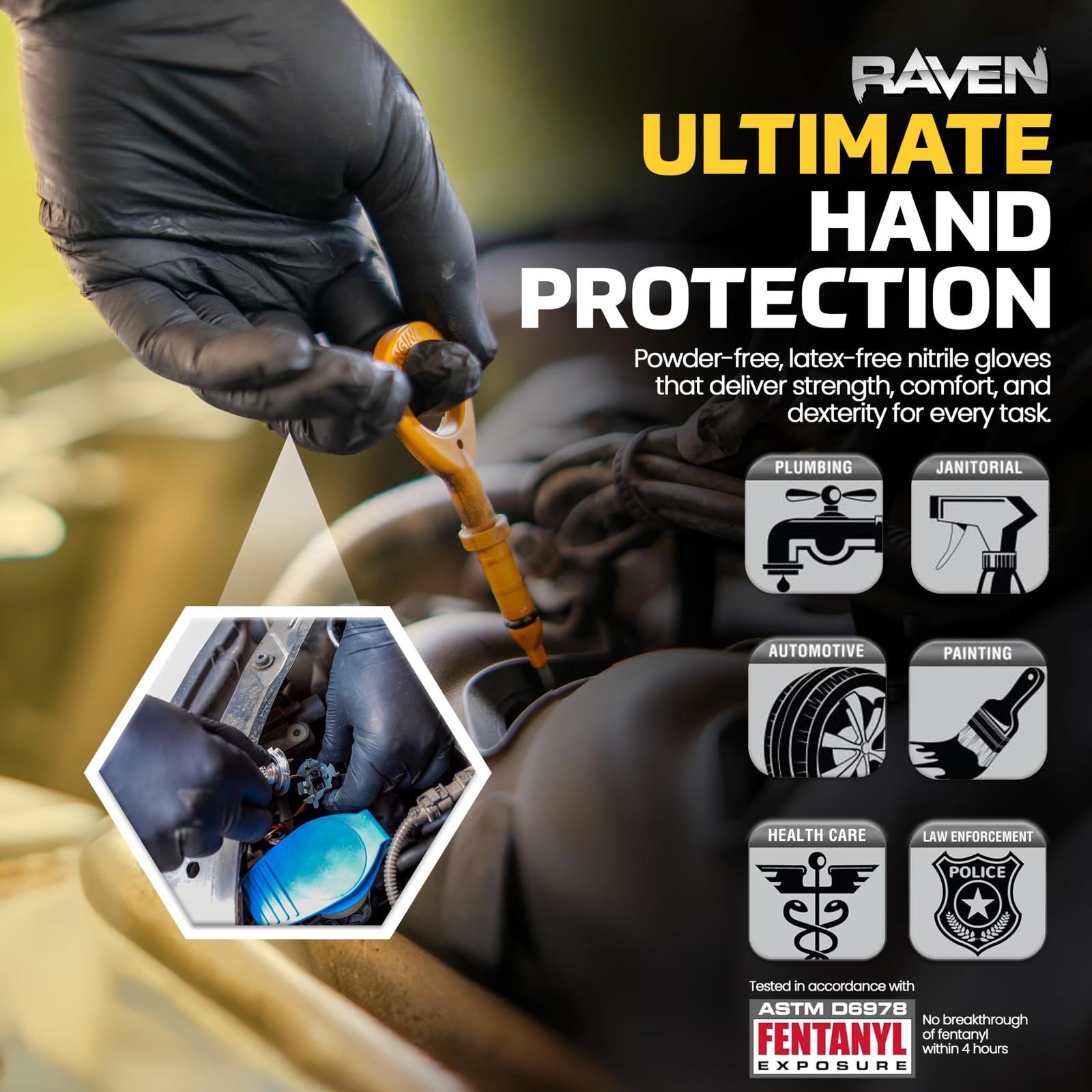 Raven SAS Safety 66518 6 mil Black Nitrile Disposable Gloves 7 Mil – Large – 10