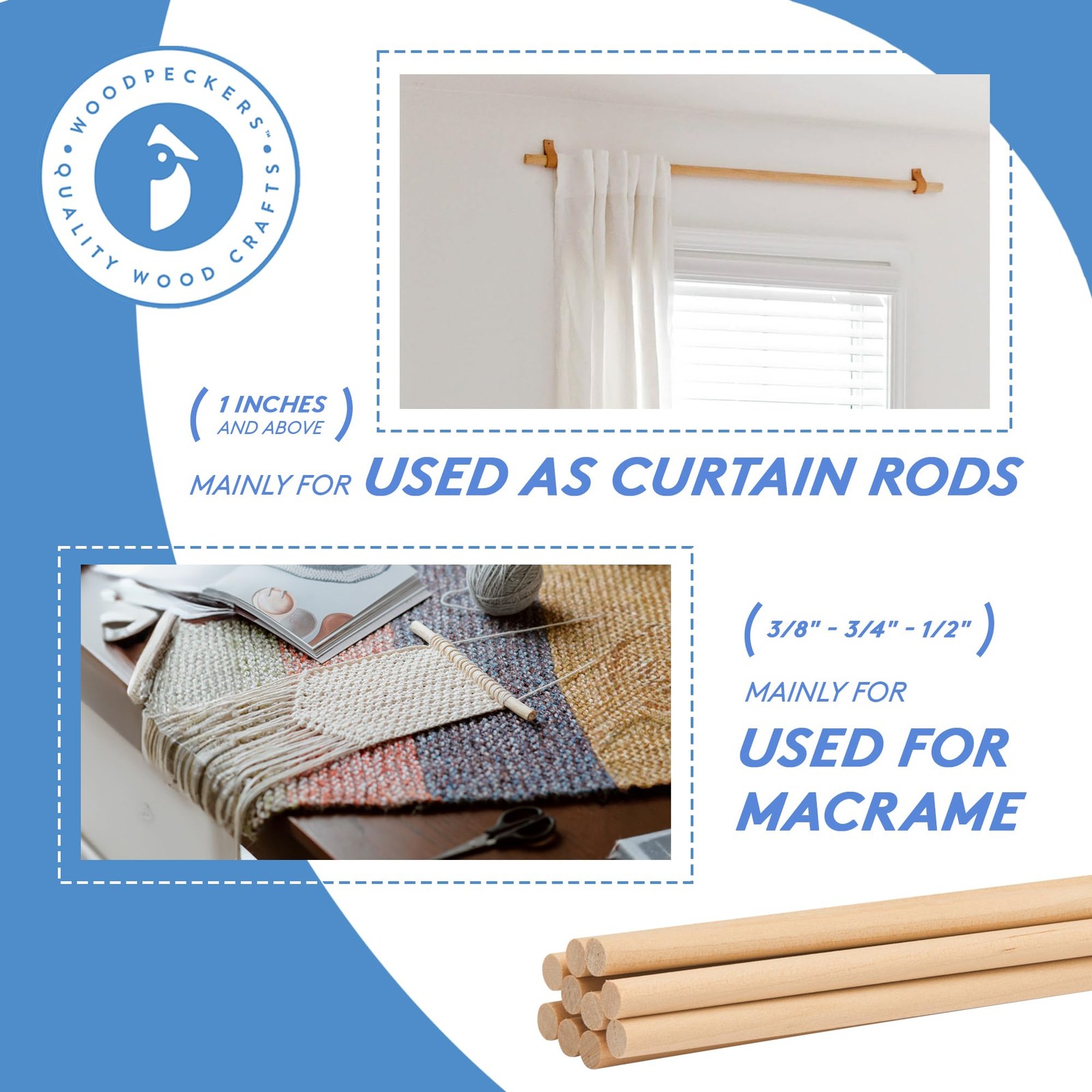 Unfinished Hardwood Dowels – 3/8 Inch x 12 3/8″ x 12″ Dowels, Pack of 25