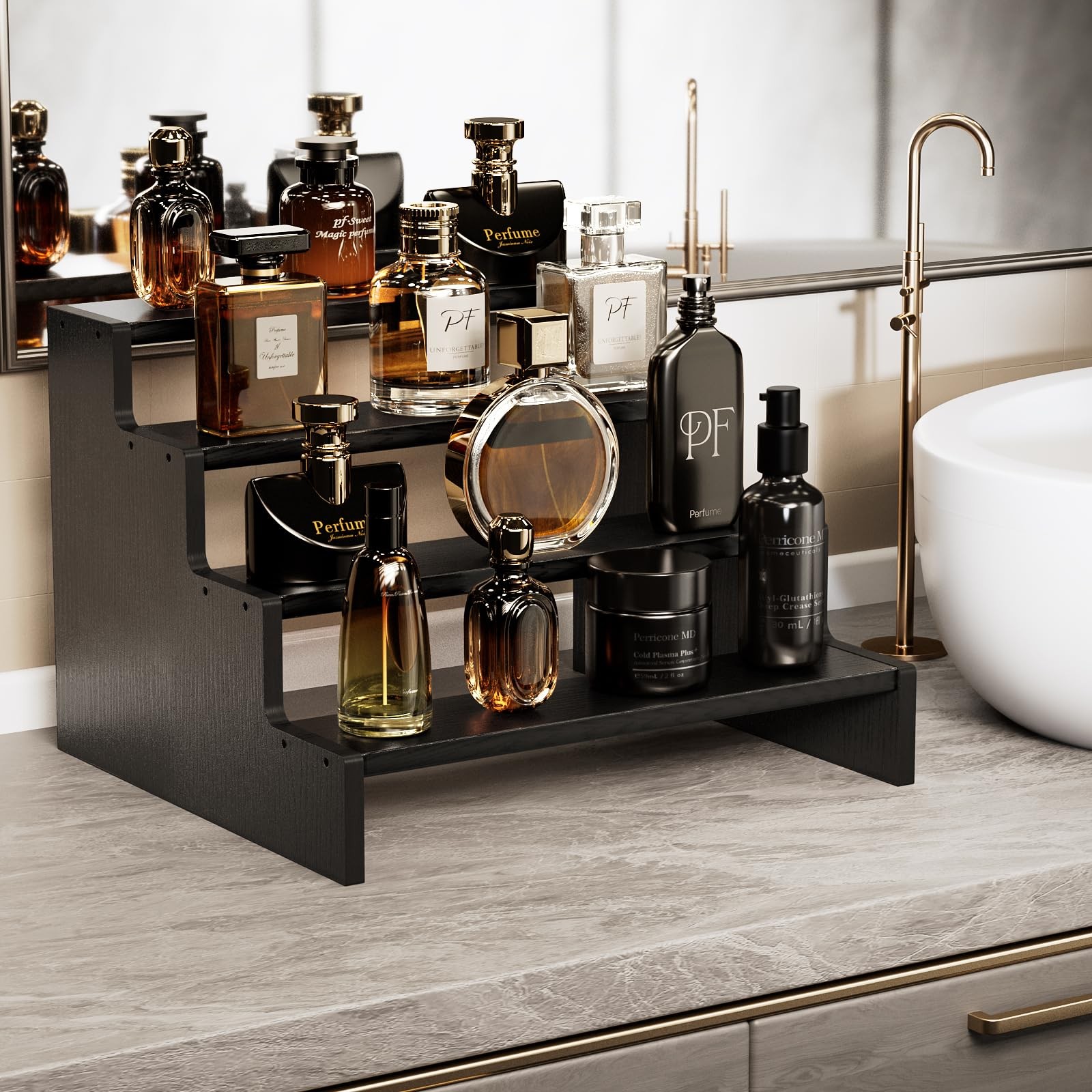 ProCase Wooden Cologne Organizer for Men, 4 Tier 4-Tier (9.45″ Height), Black