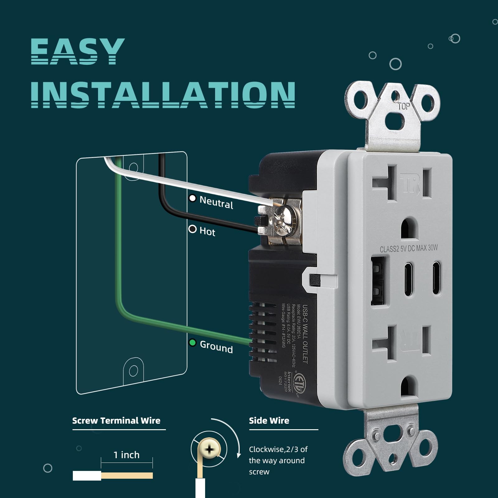 TOPELER USB Outlets Receptacles, 30W 6.0A 3-Ports Wall Outlet, 20A, Grey