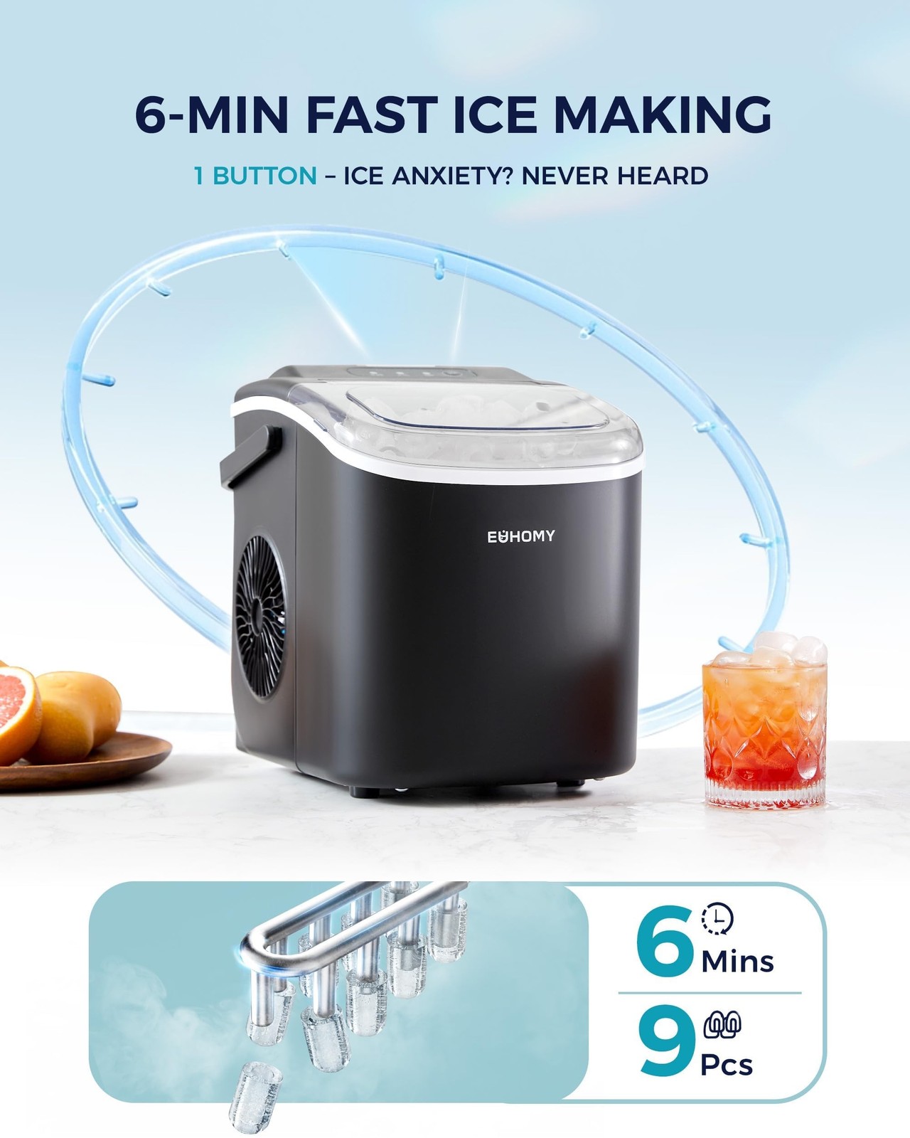 EUHOMY Countertop Ice Maker Machine with Handle, 26.5lbs Per Day, 9 Ice Cubes…
