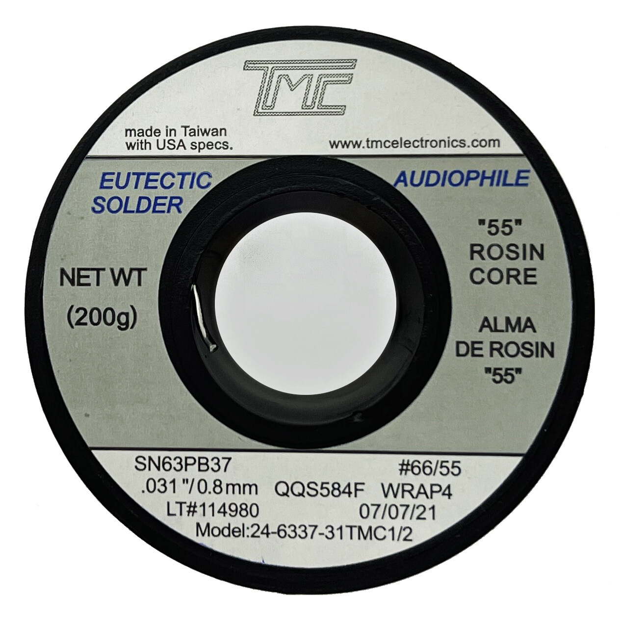 63/37 Eutectic Solder Wire, 0.031″ 0.8mm, 2.2% Rosin Core, 0.44LB, 200g, 7oz TMC