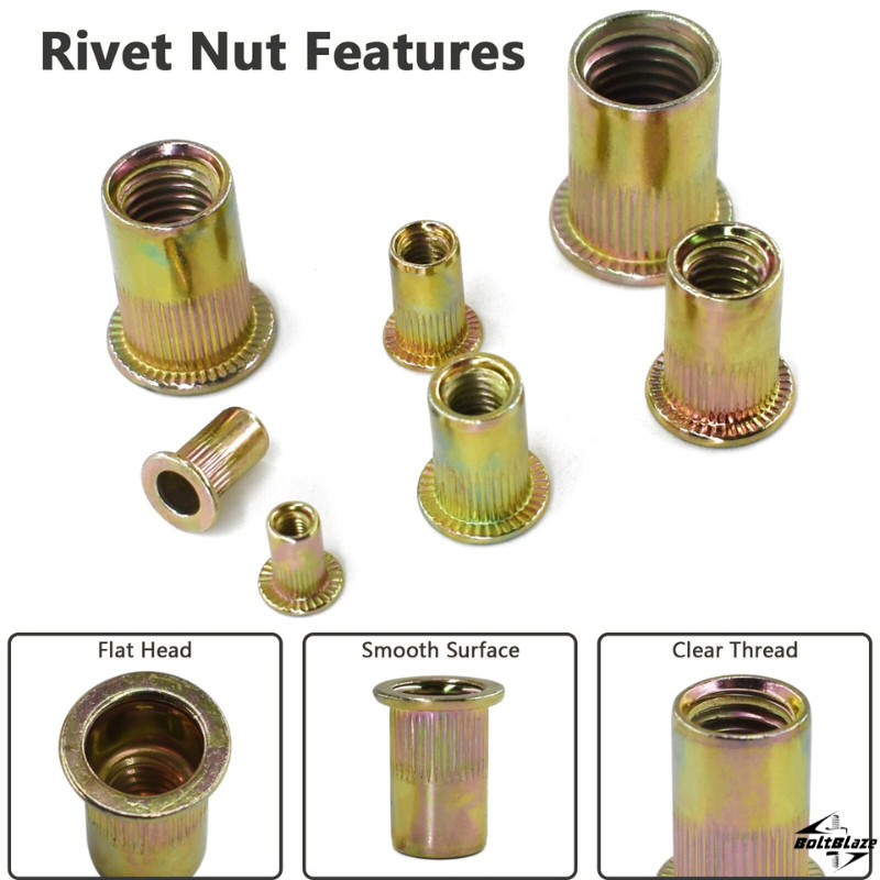 175Pcs Zinc Carbon Steel Rivet Nut Kit – M3-M10, Flat Heads