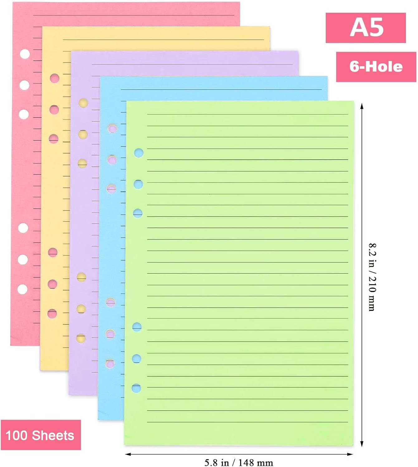 A5 Filler Paper, 6 Hole Colorful Refills, Lined Paper for 6 Ring Binder, 100