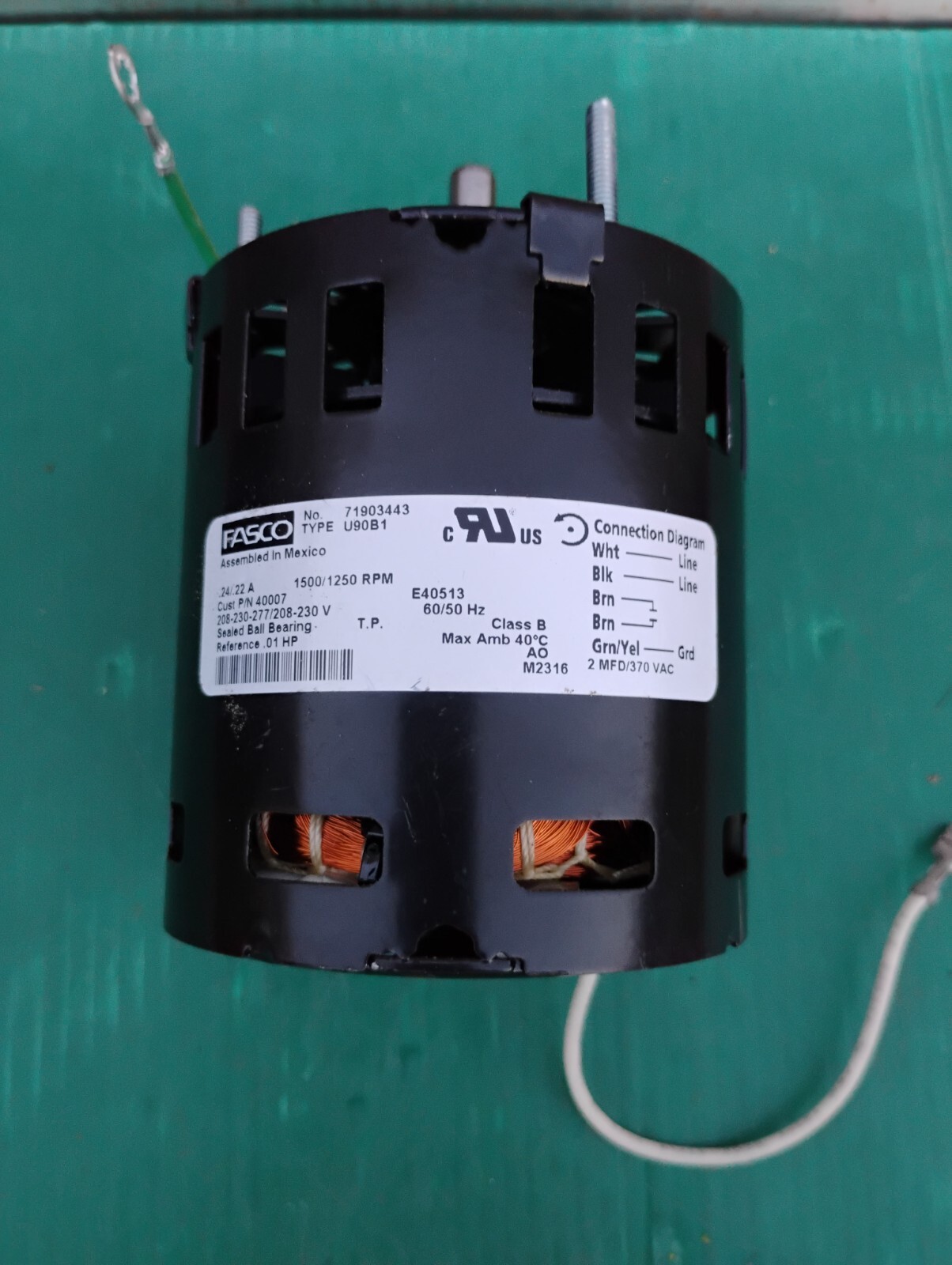 Fasco 71903443 Type U90B1 Motor Fan 208/230VAC .24Amp .01HP 1500/1250RPM 40007
