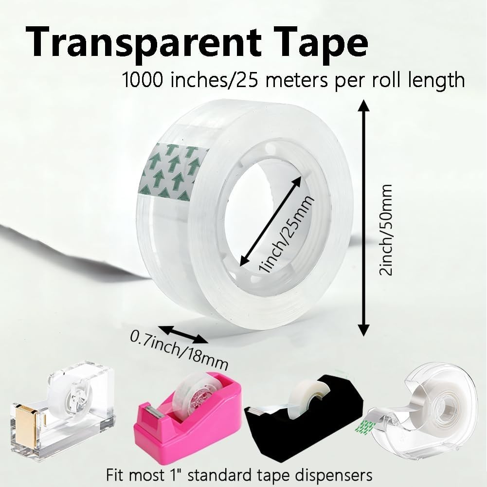 12 Rolls Clear Transparent Tape Refills 3/4″x1000″ 1″ Core Office Home School