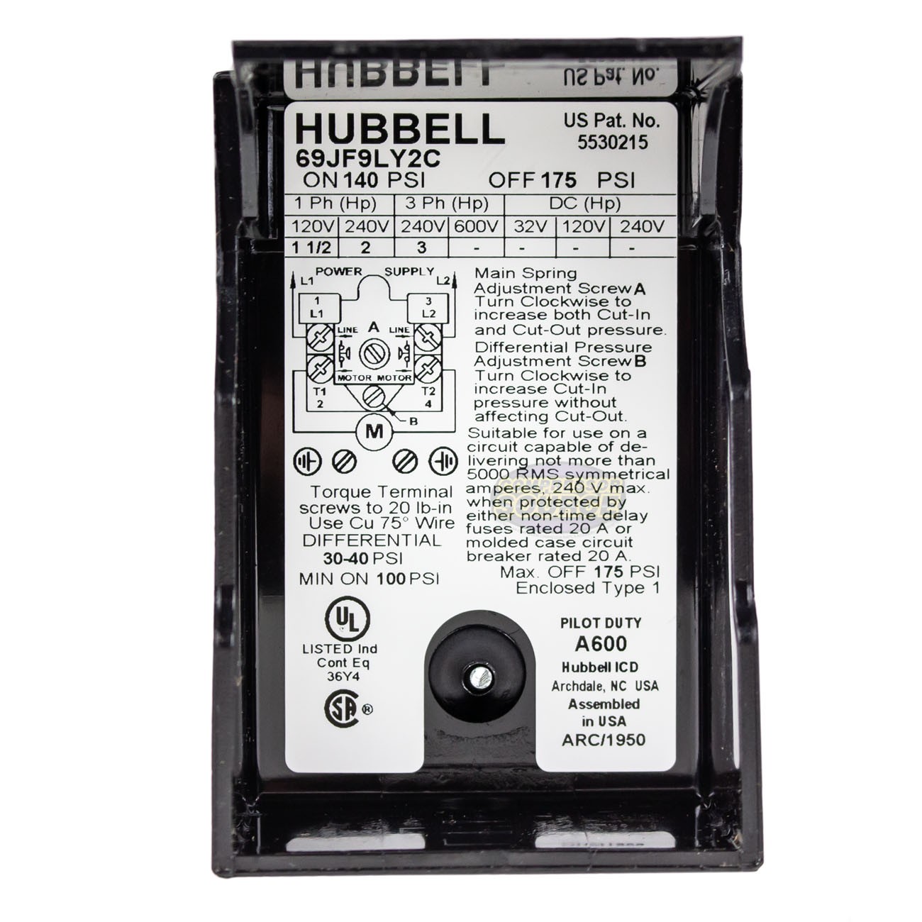 Hubbell 69JF9LY2C Furnas Air Compressor Pressure Switch Control Valve 140-175PSI