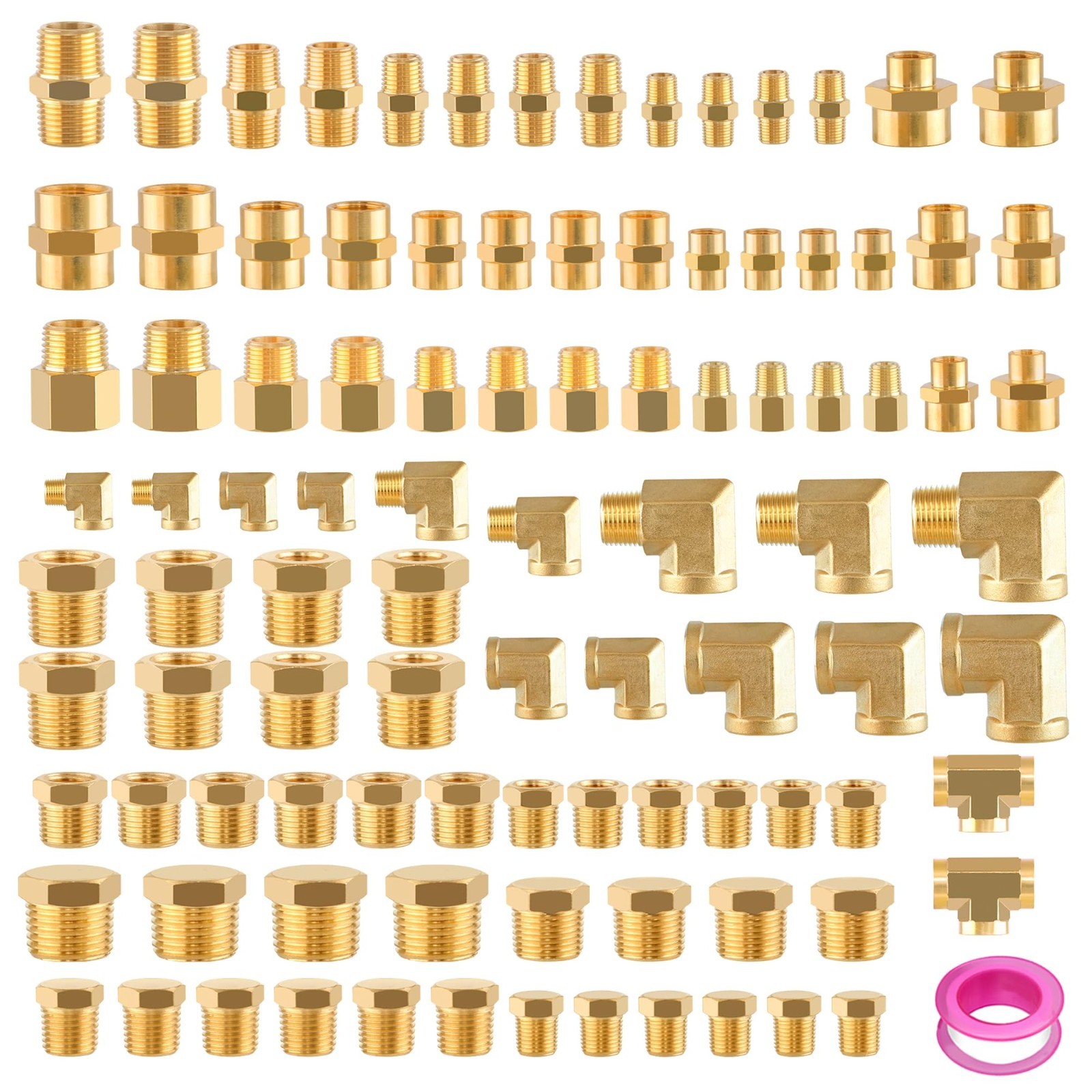 98PCS Brass Pipe Fittings Set – NPT Adapters, Reducers, Hex Nipples & Elbows