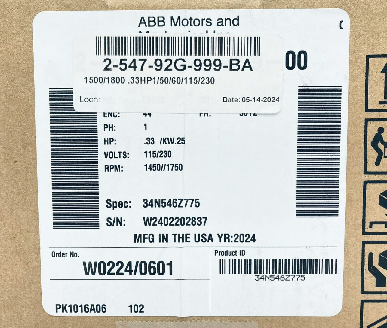 BALDOR 34N546Z775 VIKING PUMP MOTOR .33HP 1/3HP 115/230V 1450/1750RPM 56YZ IE2