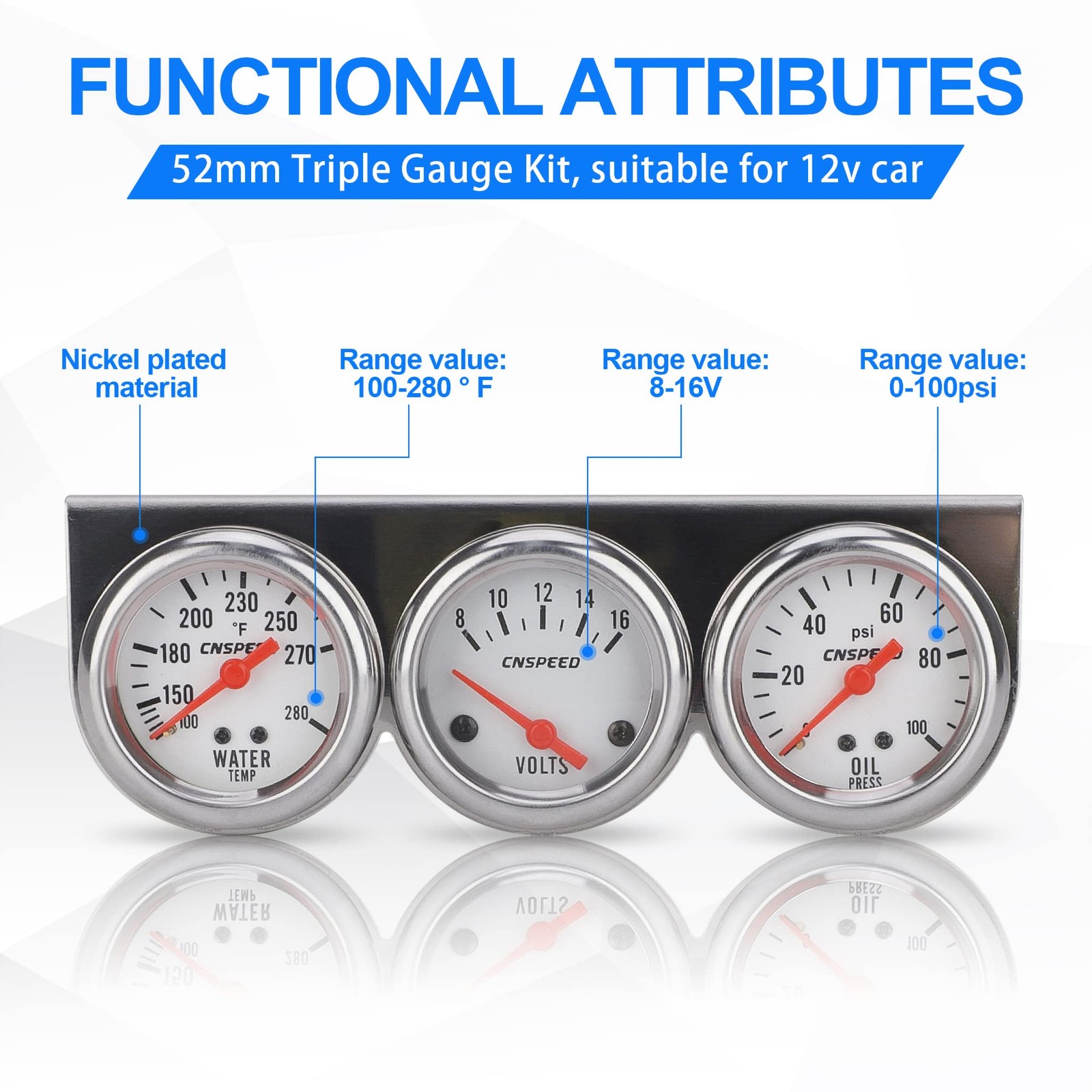 CNSPEED 2″ 52mm Triple Gauge Kit Volt, Water Temp, Oil Pressure Auto Gauge Set