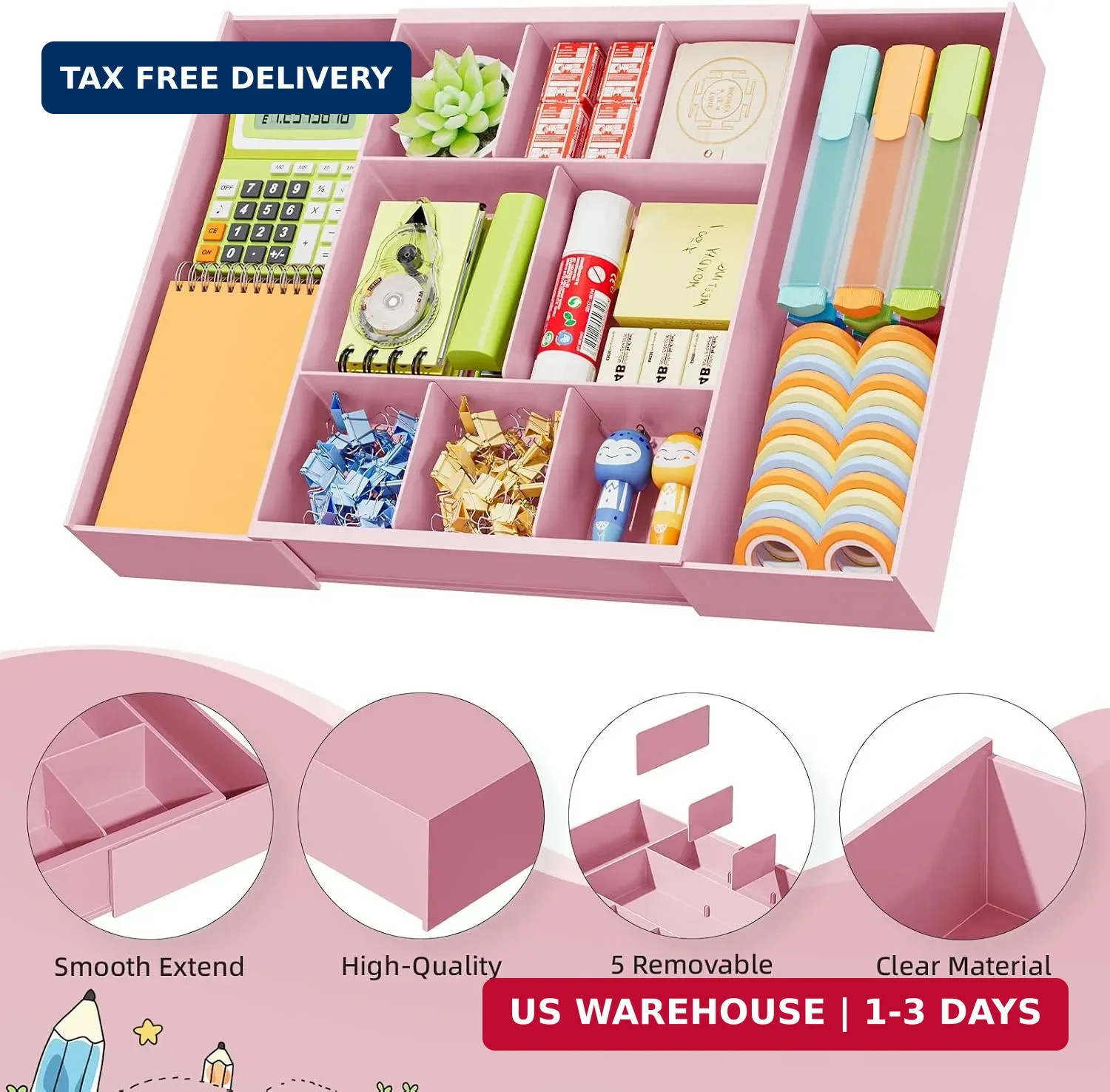 Marbrasse Expandable Desk Drawer Organizer, Clear Plastic Drawer Organizer Tray