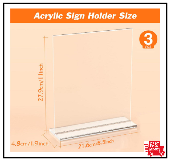 3 Pack Acrylic Sign Holder 8.5 X 11 Inches, Clear Menu Stand, Vertical Flyer Dis