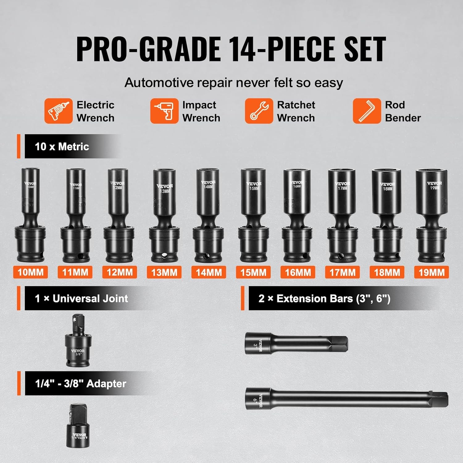 VEVOR 14PCS Universal Impact Socket Set – 3/8″ Drive Deep One Size, Black