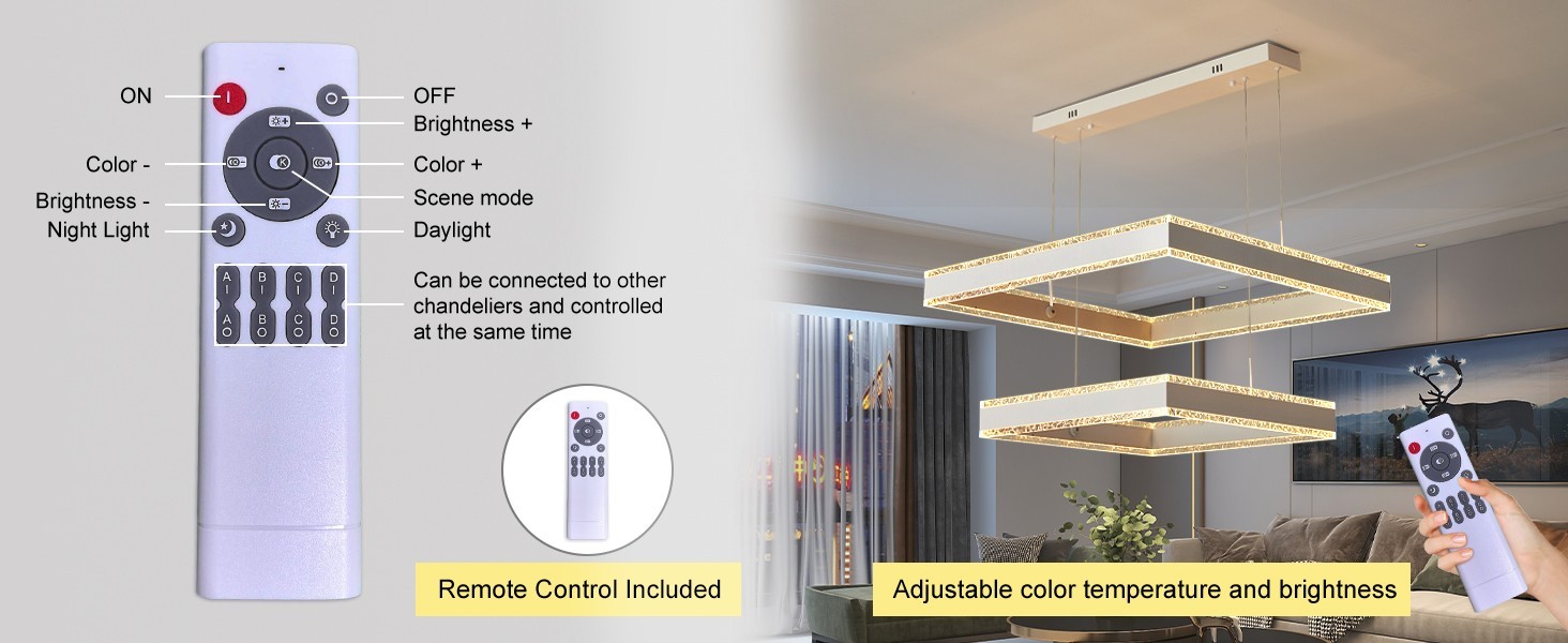 White Square 2-Ring LED Chandelier Dimmable Ceiling Light w/ Remote Control