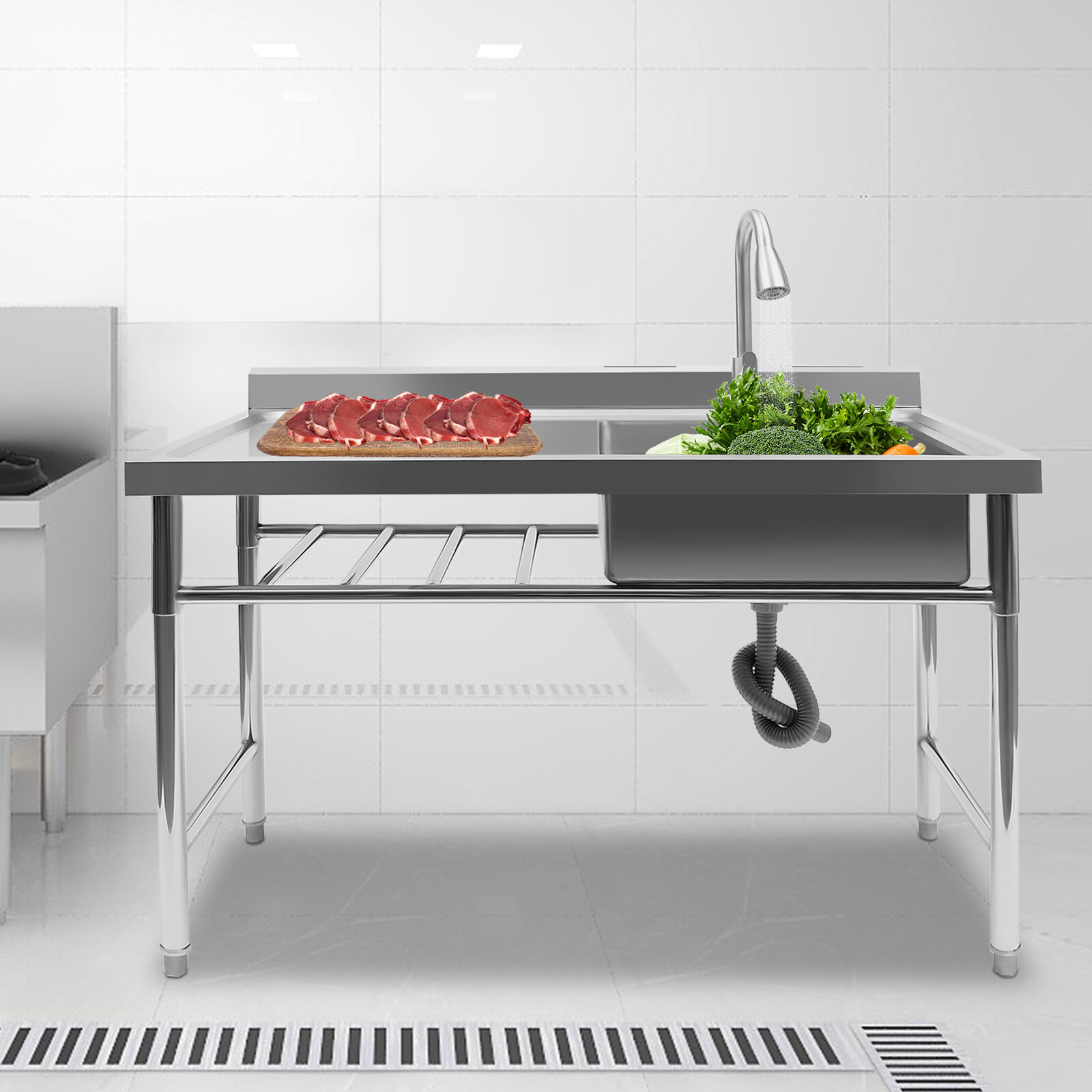 1 Compartment Kitchen Sink Prep Table With 360°Faucet Commercial Stainless Steel