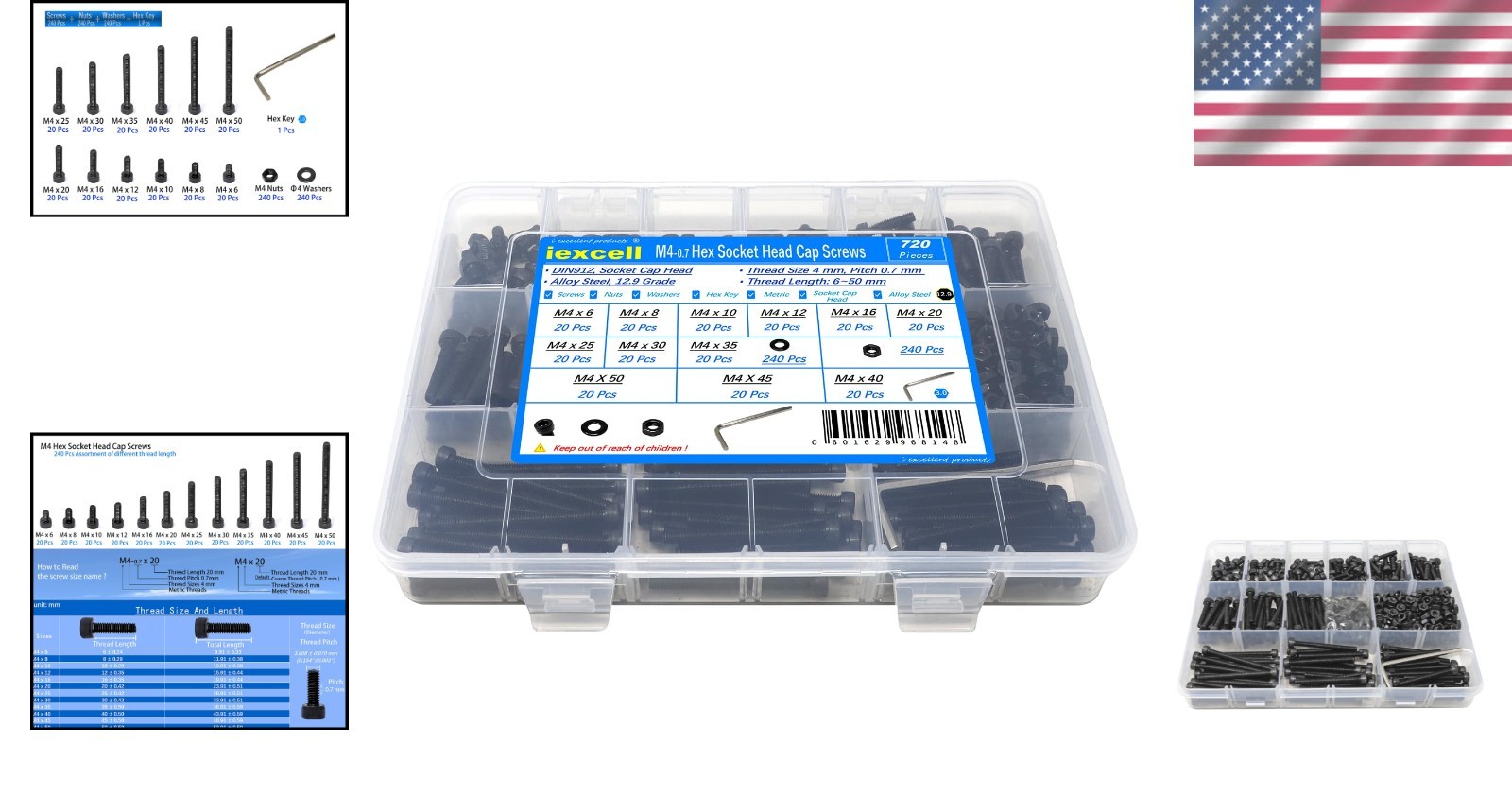 M4x6-50mm Hex Socket Screws, 240 Pcs, Black Oxide