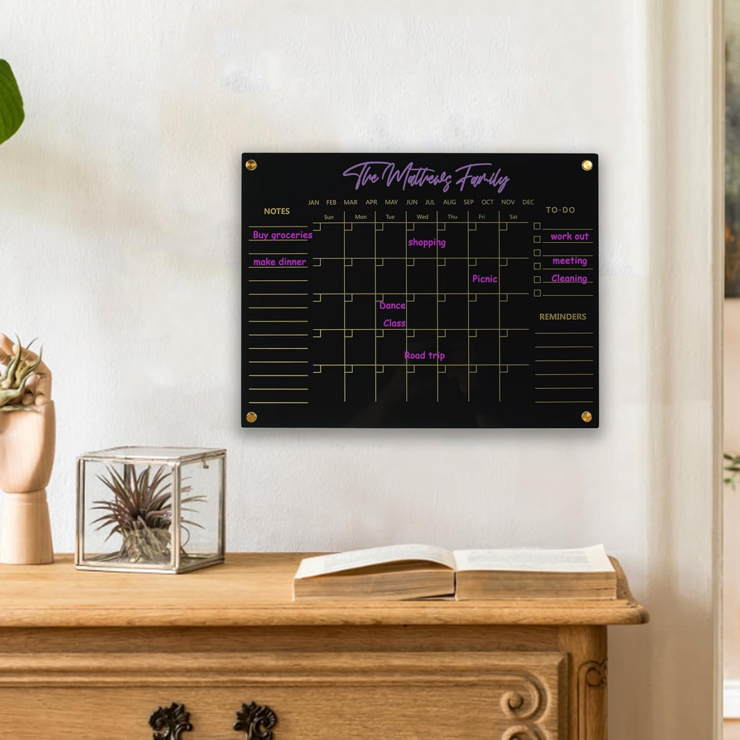 Black Acrylic Calendar Dry Erase for Wall, Family Planner, Monthly Calendar Dry