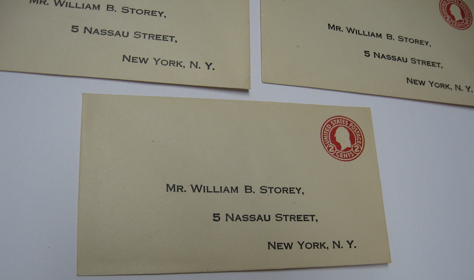 7-Business Envelopes Prepaid 2 cents 1920’s William B. Storey, Nassau St. NY, NY