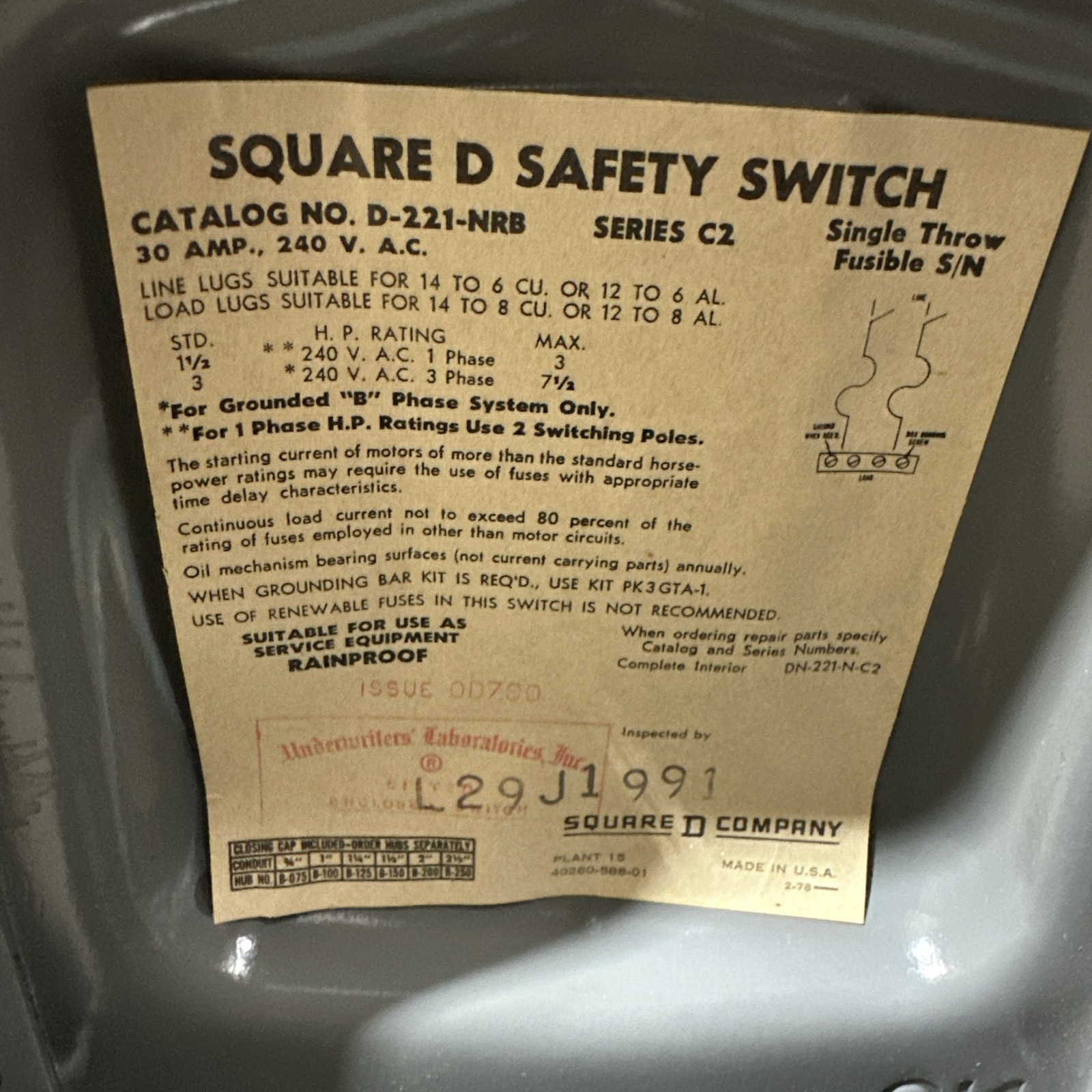 🔴Square D D221NRB General Duty Safety Switch 30A 240V‼️VINTAGE