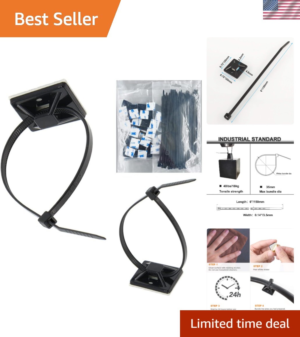 Weatherproof Cable Management Clips with 6″ Zip Ties – 100 Durable Adhesive Sets